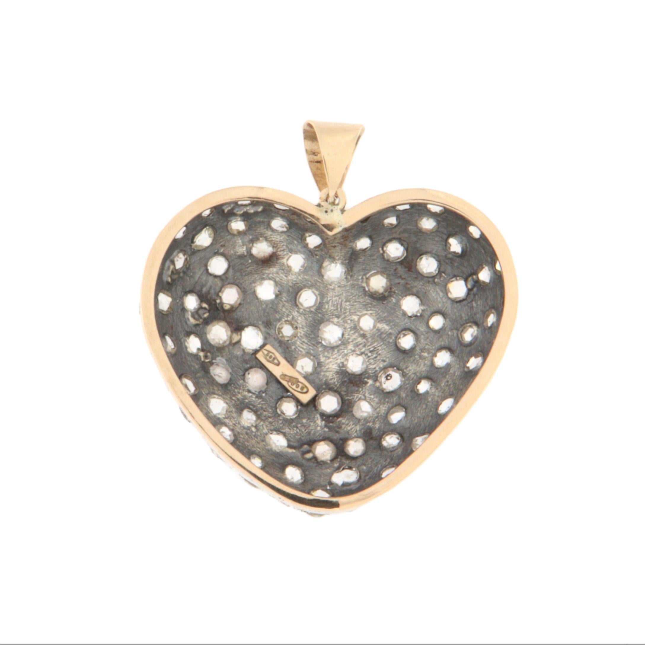 Rose Cut Heart Diamonds 14 Karat Yellow Gold Pendant Necklace For Sale
