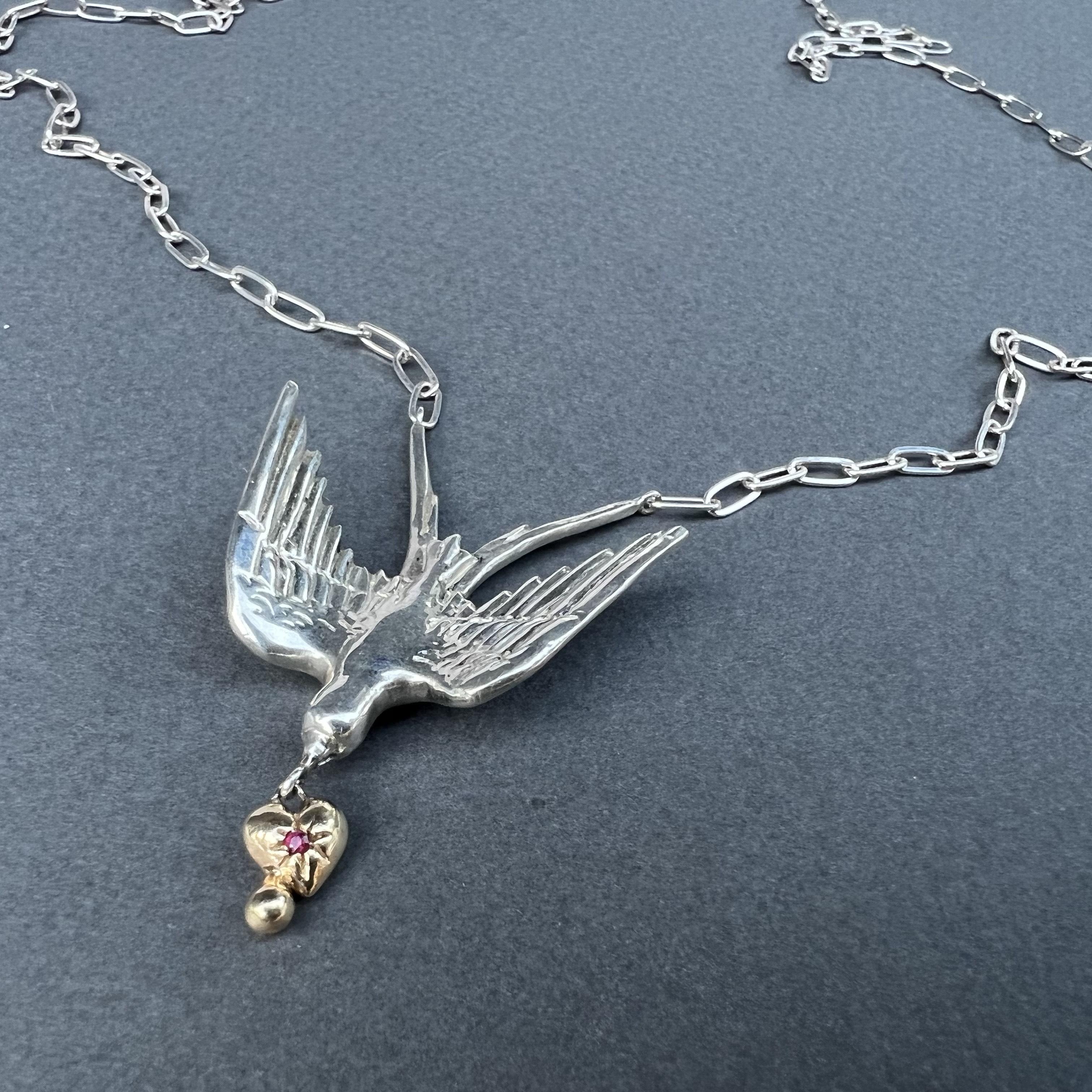 Brilliant Cut Heart Dove Necklace Gold Silver Chain Ruby Victorian Style J Dauphin For Sale