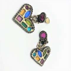 HEART ear clips with inlaid cut rhinestones made in France 1980