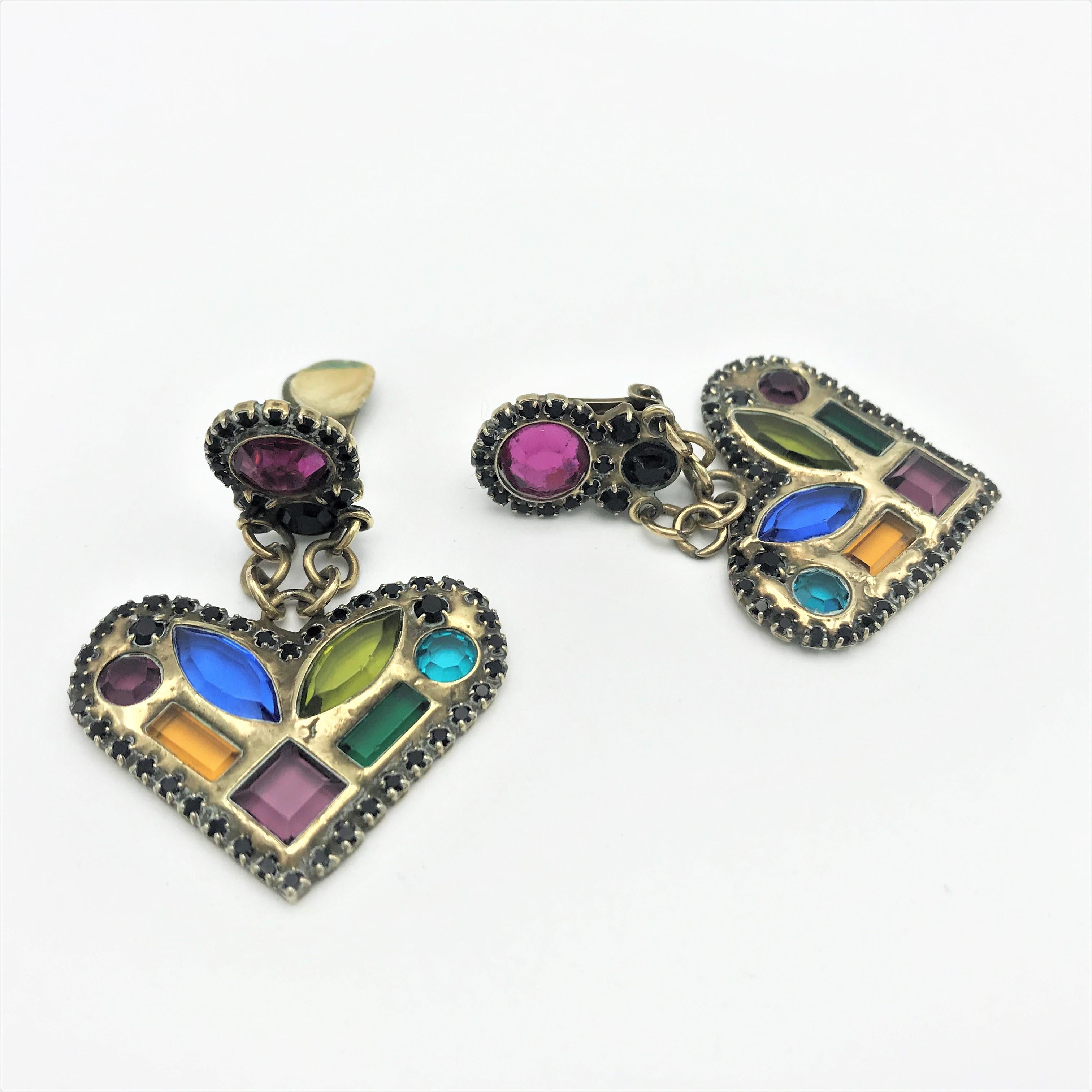 Women's HEART ear clips with inlaid cut rhinestones made in France 1980 For Sale