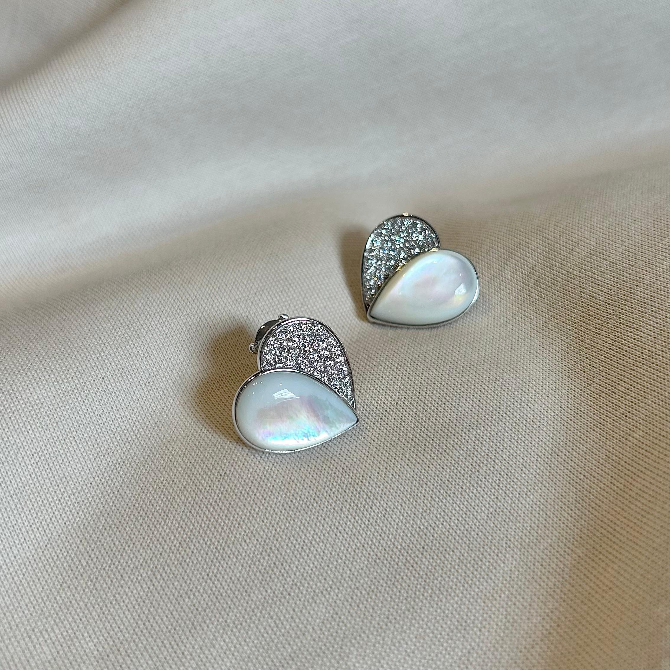 Artisan Heart Ear Studs 18 Karat Yellow Gold White Gold Pave Diamonds Mother of Pearl For Sale