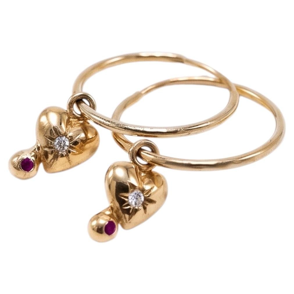 Gold Heart Earring Hoop Drop Earring Diamond Ruby For Sale