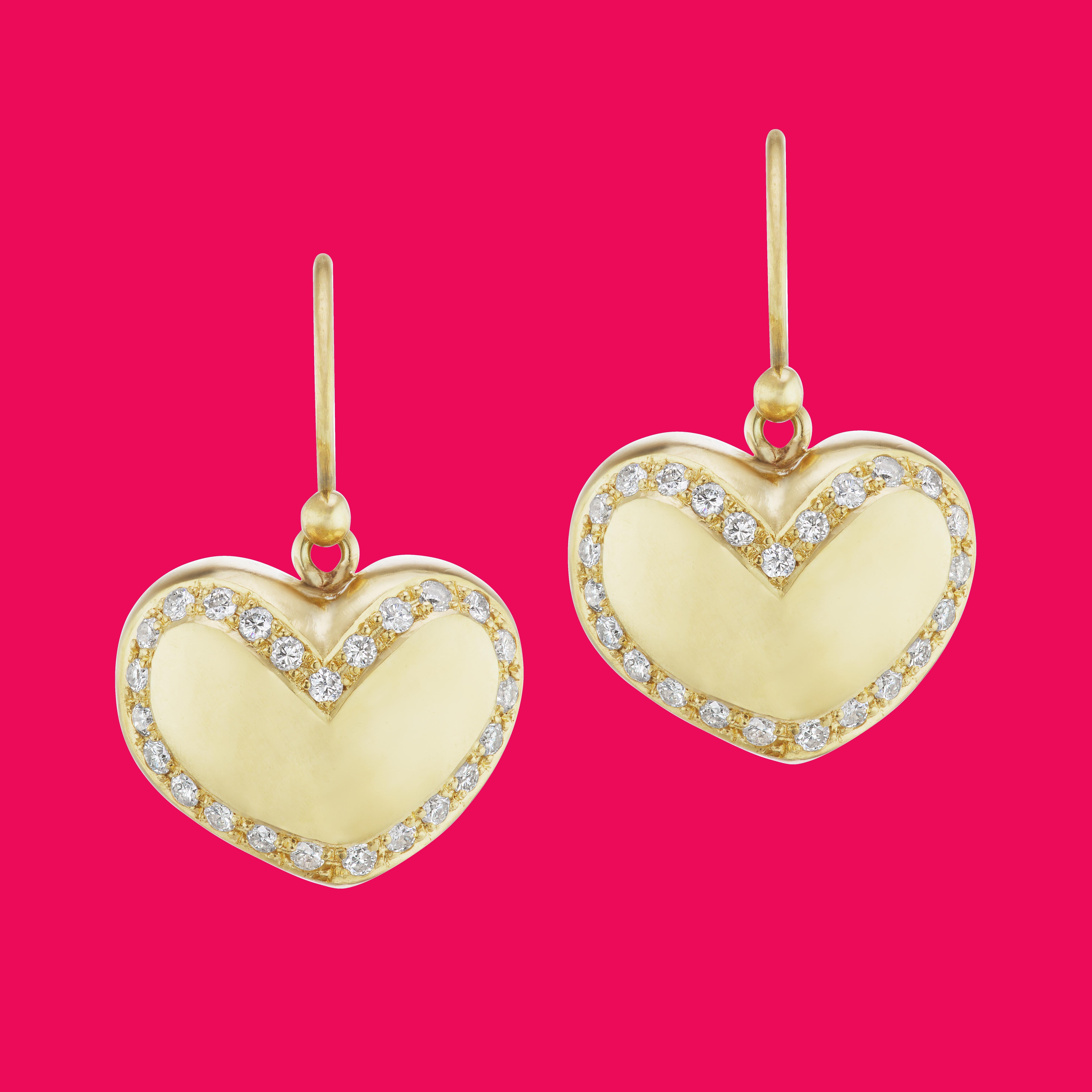 Women's or Men's Heart Earrings 18 Karat Yellow Gold with 1.10 Carat Diamonds For Sale