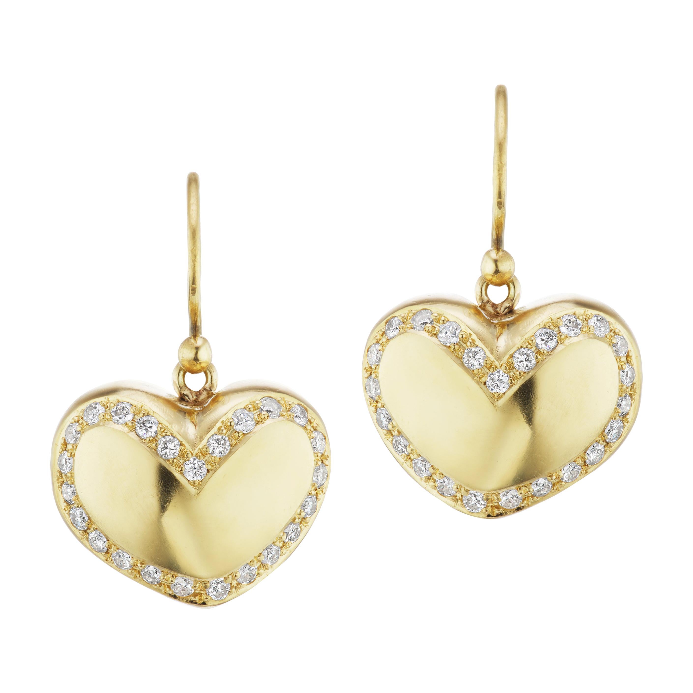 Heart Earrings 18 Karat Yellow Gold with 1.10 Carat Diamonds For Sale