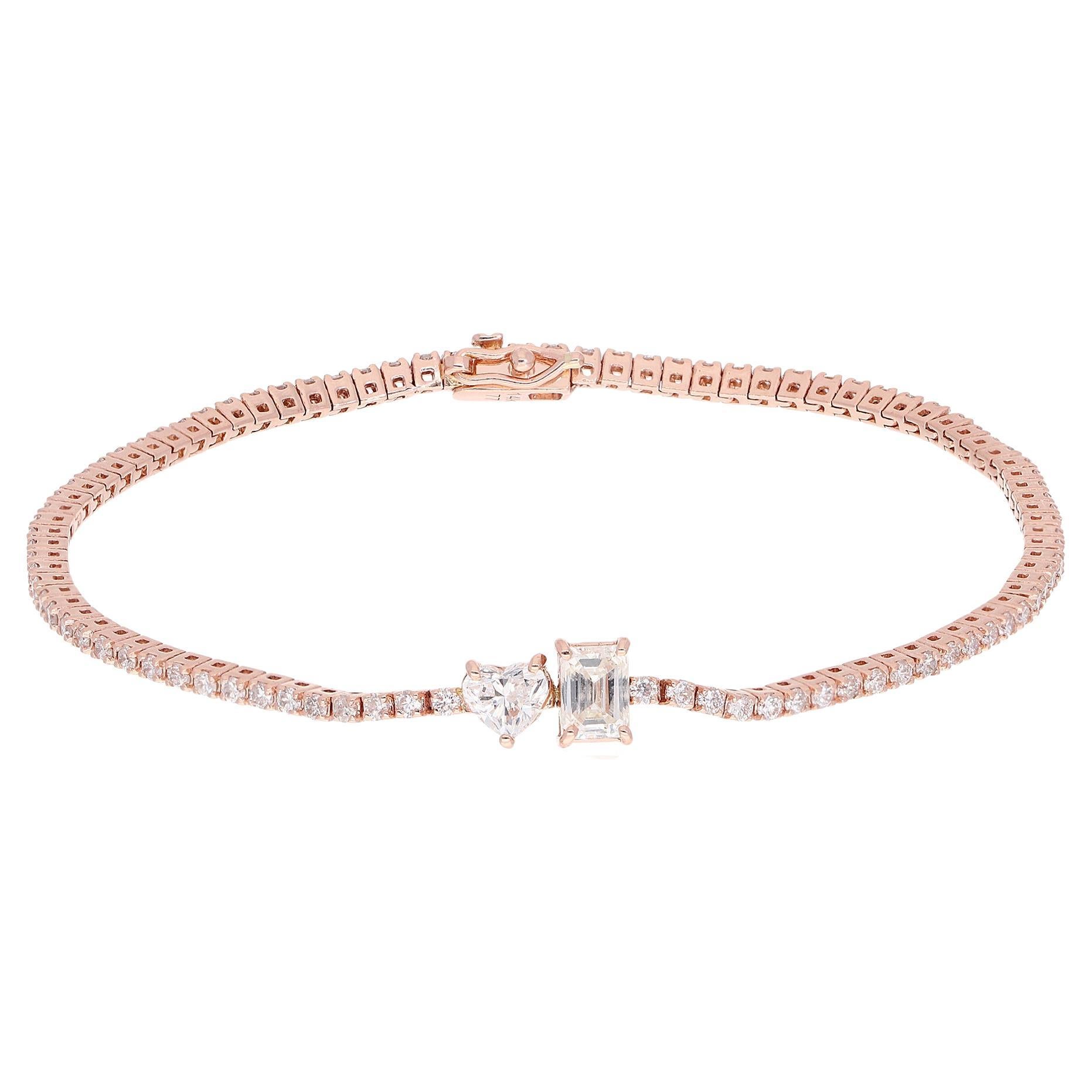 Bracelet tennis en or rose 14 carats avec diamants en forme de cœur et émeraude, fait main