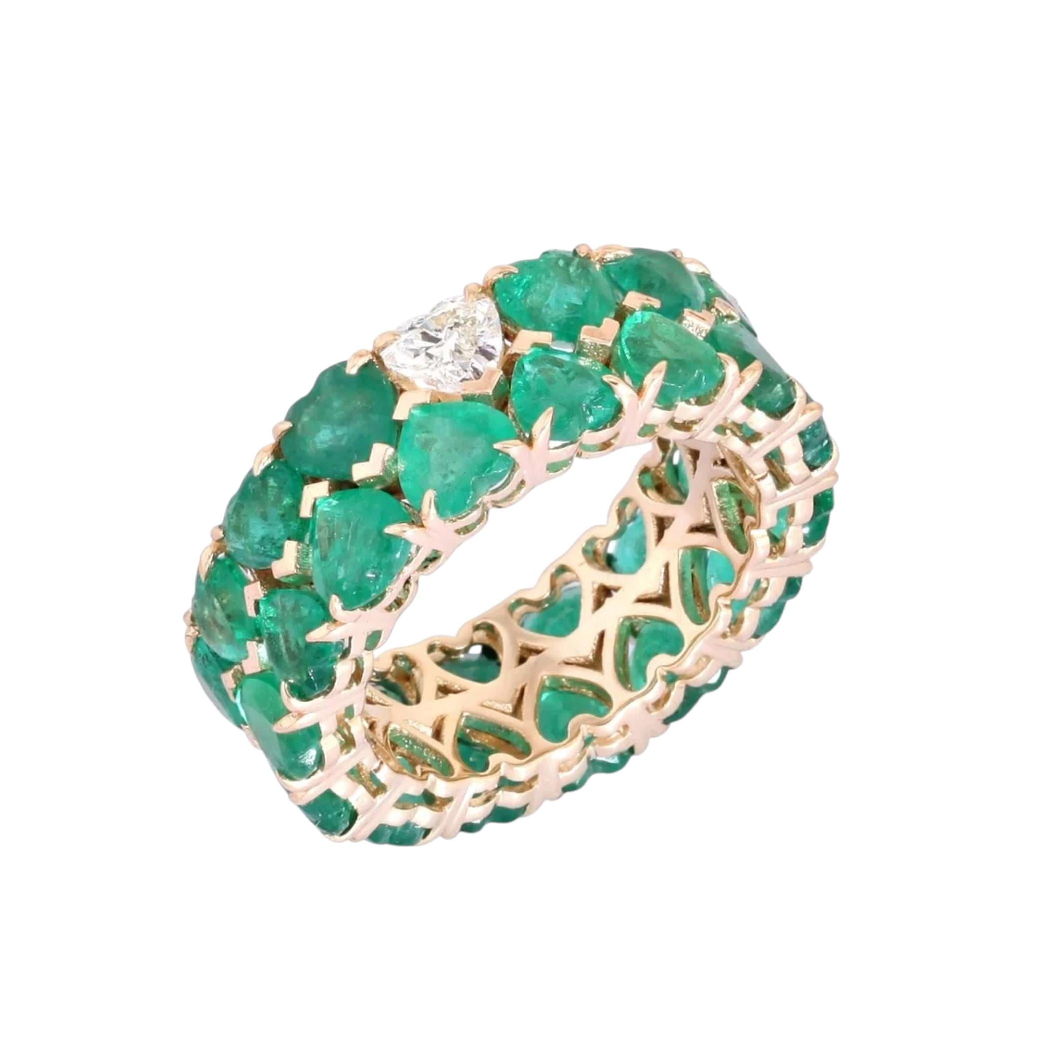 For Sale:  6.85ct Heart Emerald & Diamond 14K Yellow Gold Eternity Band Ring