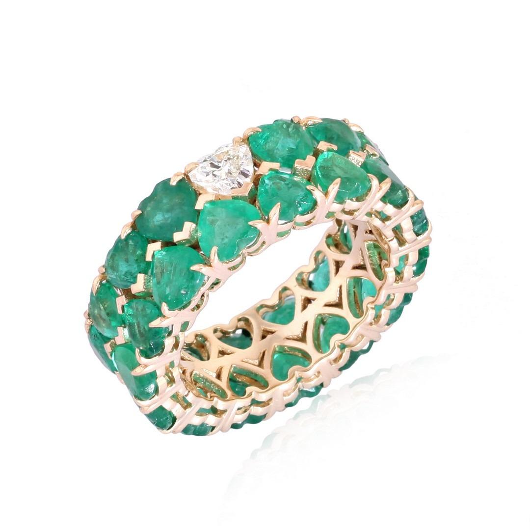 For Sale:  Heart Emerald Diamond 14K Yellow Gold Eternity Band Ring 4