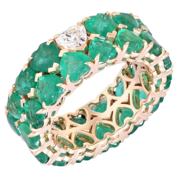 Heart Emerald Diamond 14K Yellow Gold Eternity Band Ring