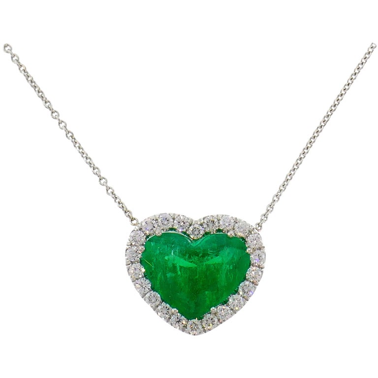 Heart Emerald Diamond White Gold Pendant Necklace For Sale at 1stDibs