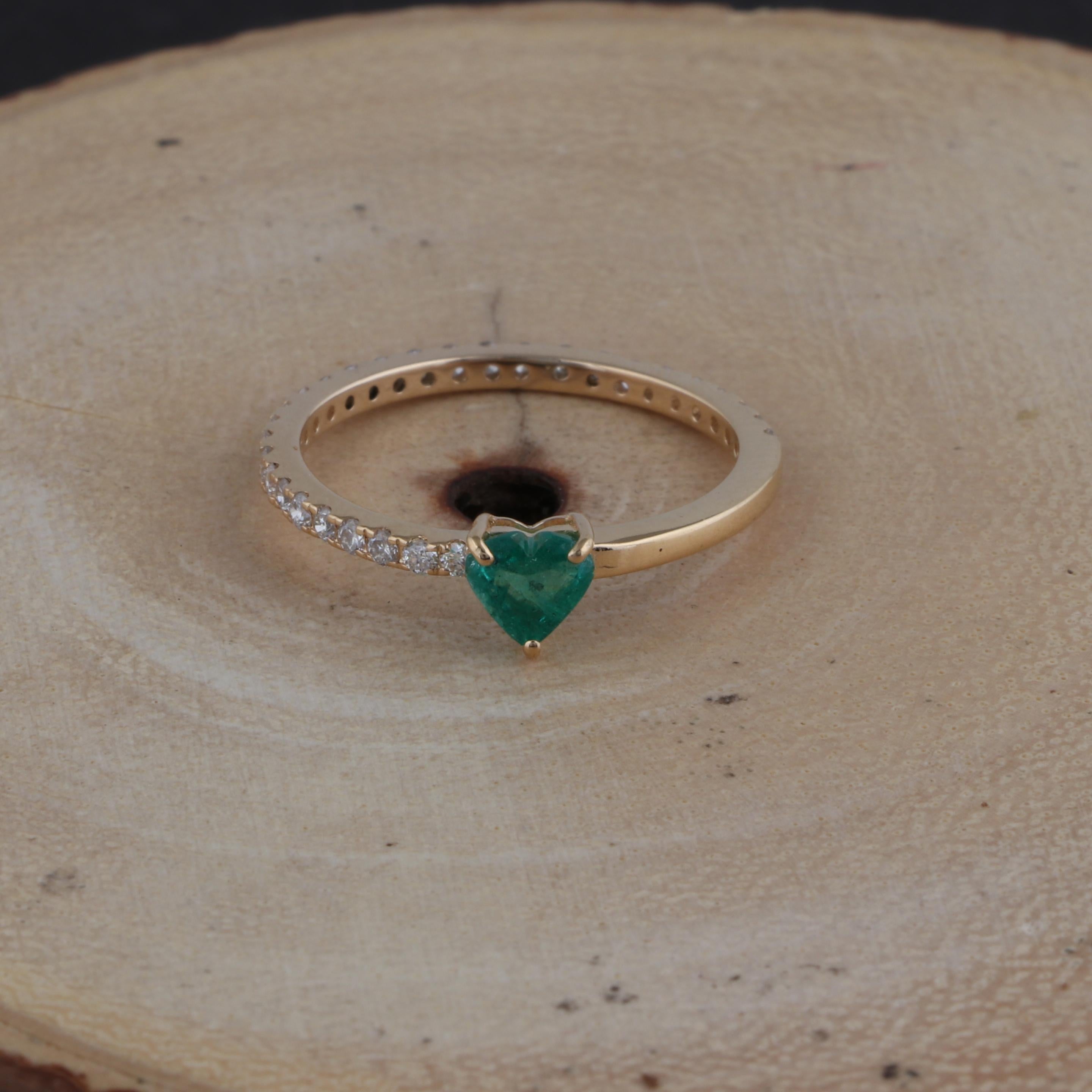 Heart Cut Heart Emerald Gemstone Half Eternity Band Ring Pave Diamond 14 Karat Yellow Gold For Sale