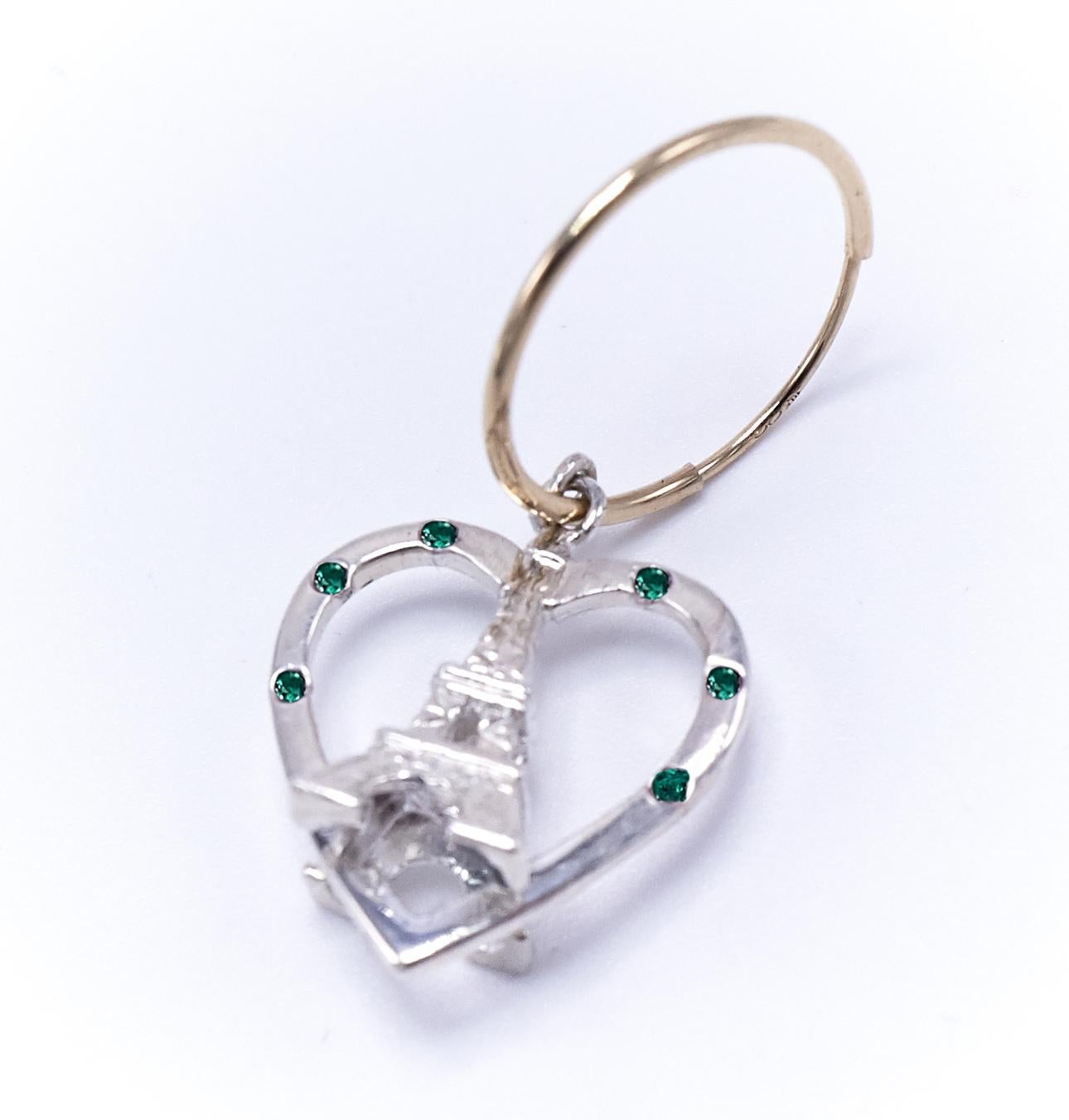 Brilliant Cut Heart Emerald Paris Eiffel Tower Earring Silver Gold For Sale