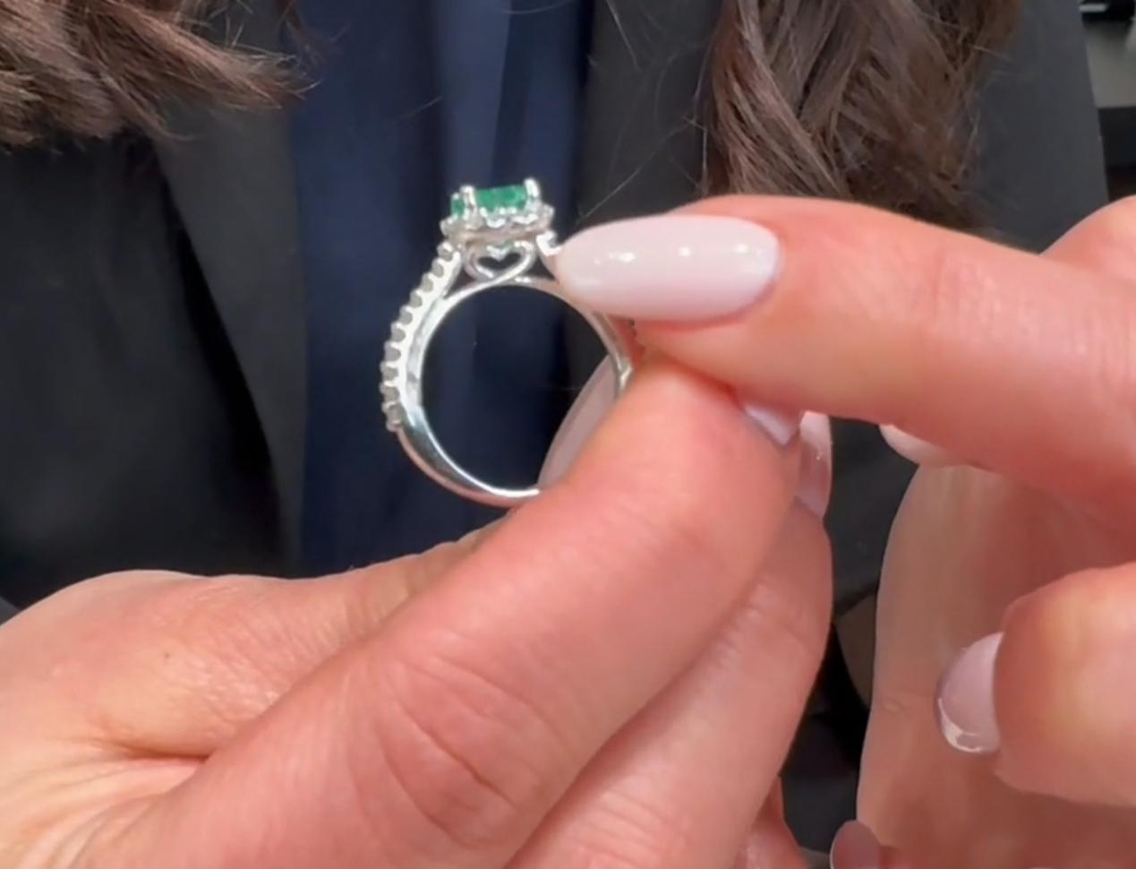 Heart Emerald Ring with Round Diamond Halo in 14K White Gold For Sale 3