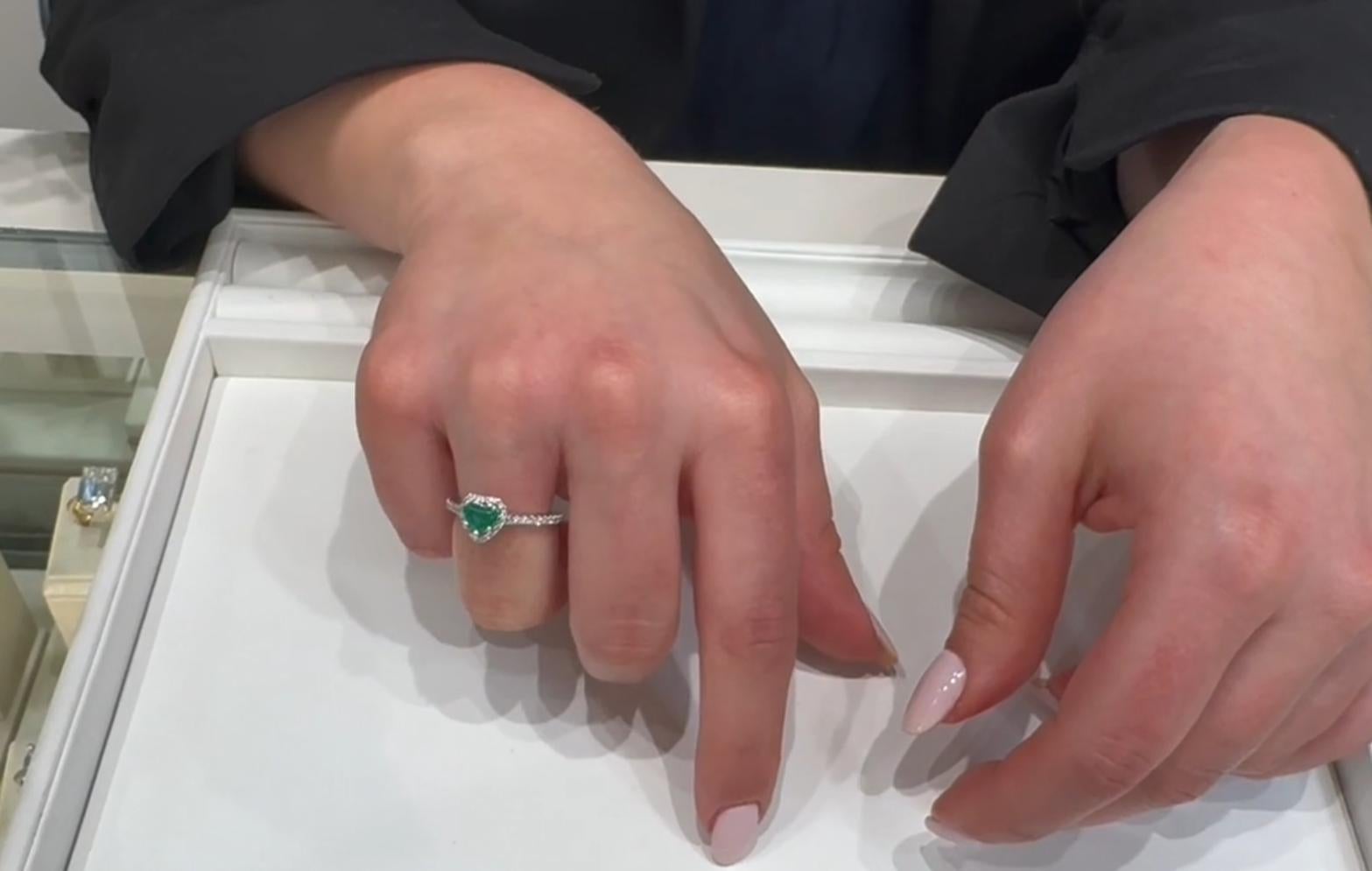 Women's or Men's Heart Emerald Ring with Round Diamond Halo in 14K White Gold For Sale