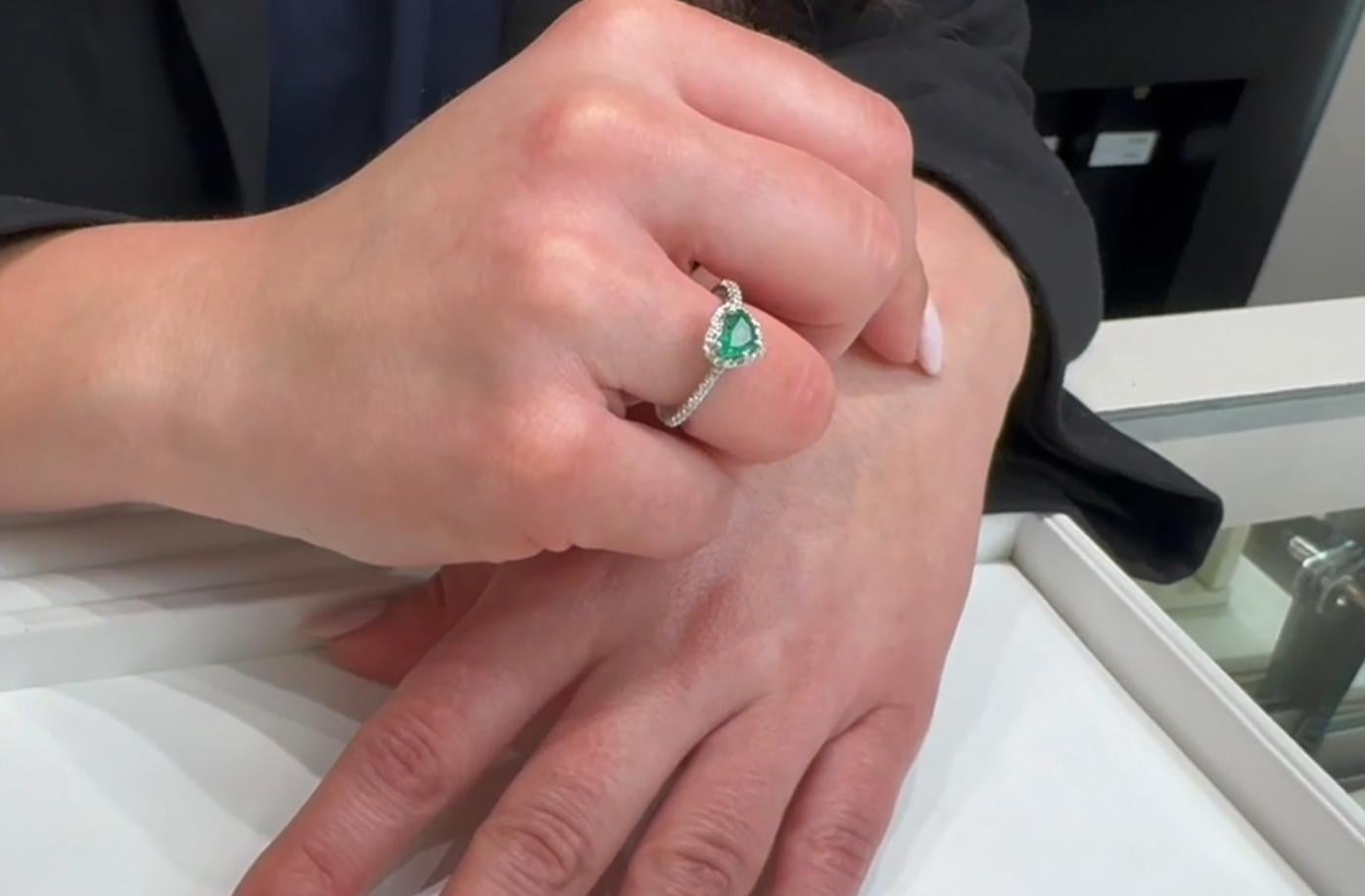 Heart Emerald Ring with Round Diamond Halo in 14K White Gold For Sale 1