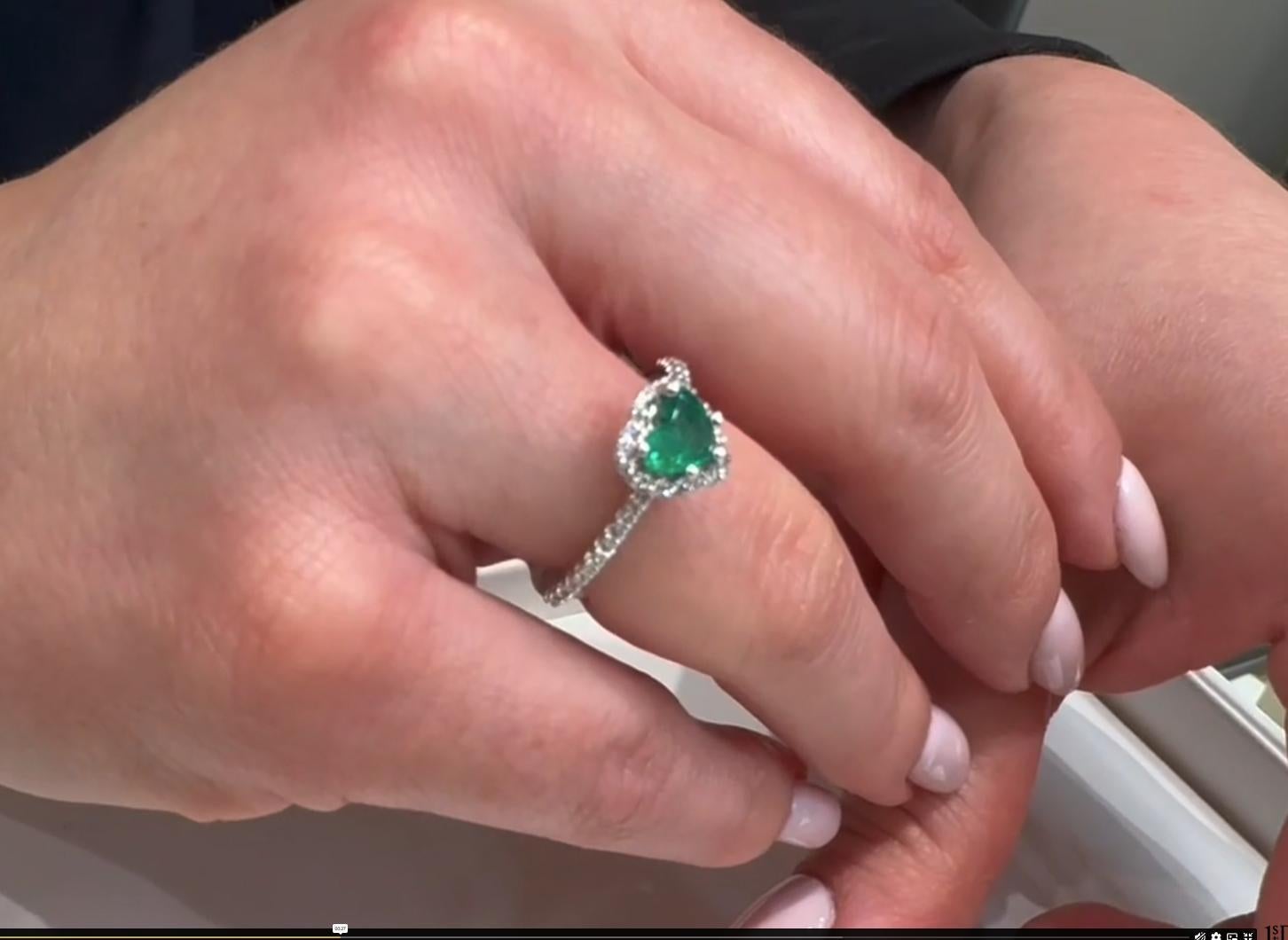 Heart Emerald Ring with Round Diamond Halo in 14K White Gold For Sale 2