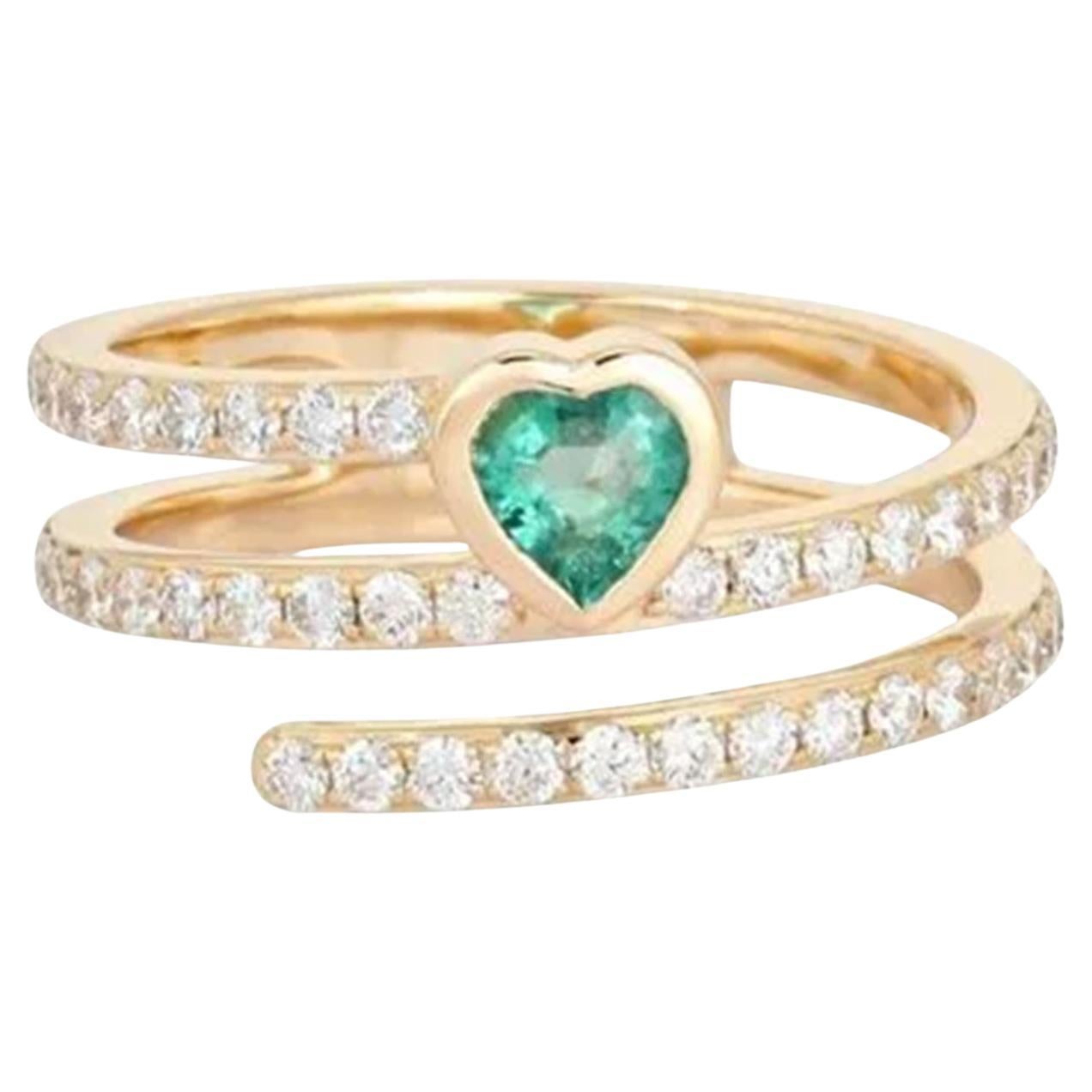 For Sale:  Heart Emerald Triple Band Diamond 14K (or 18k upon request) Yellow Gold Ring