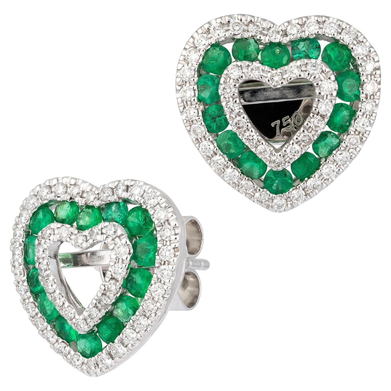 Heart Emerald White Gold 18K Earrings Diamond for Her For Sale