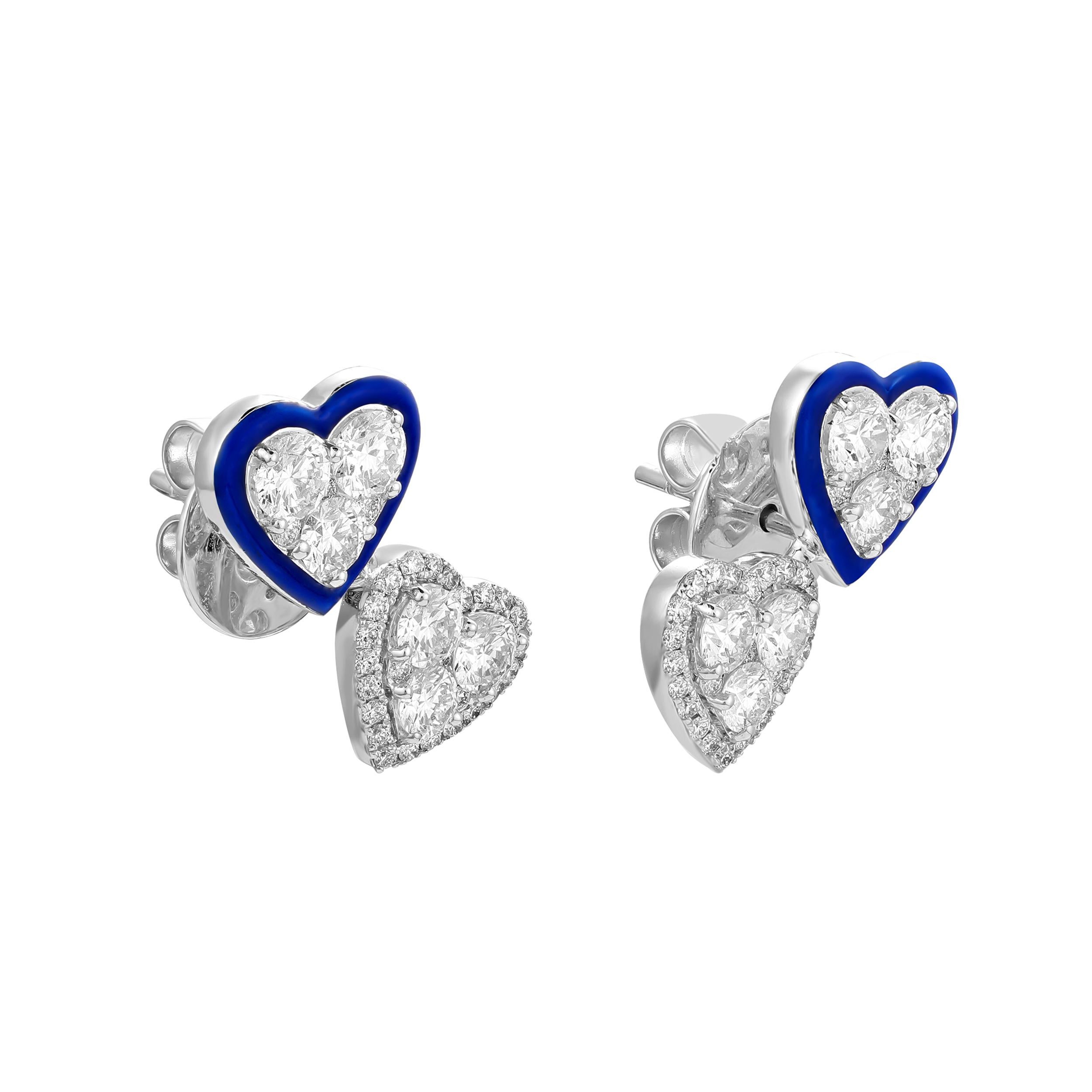 Designed by Kamyen and handmade in India by highly skilled local artisans, set with round shaped diamonds in the shape of a heart on  18k white gold, with a fine contrast of colorful enamel. These enamel stud earrings are effortless and made to mix