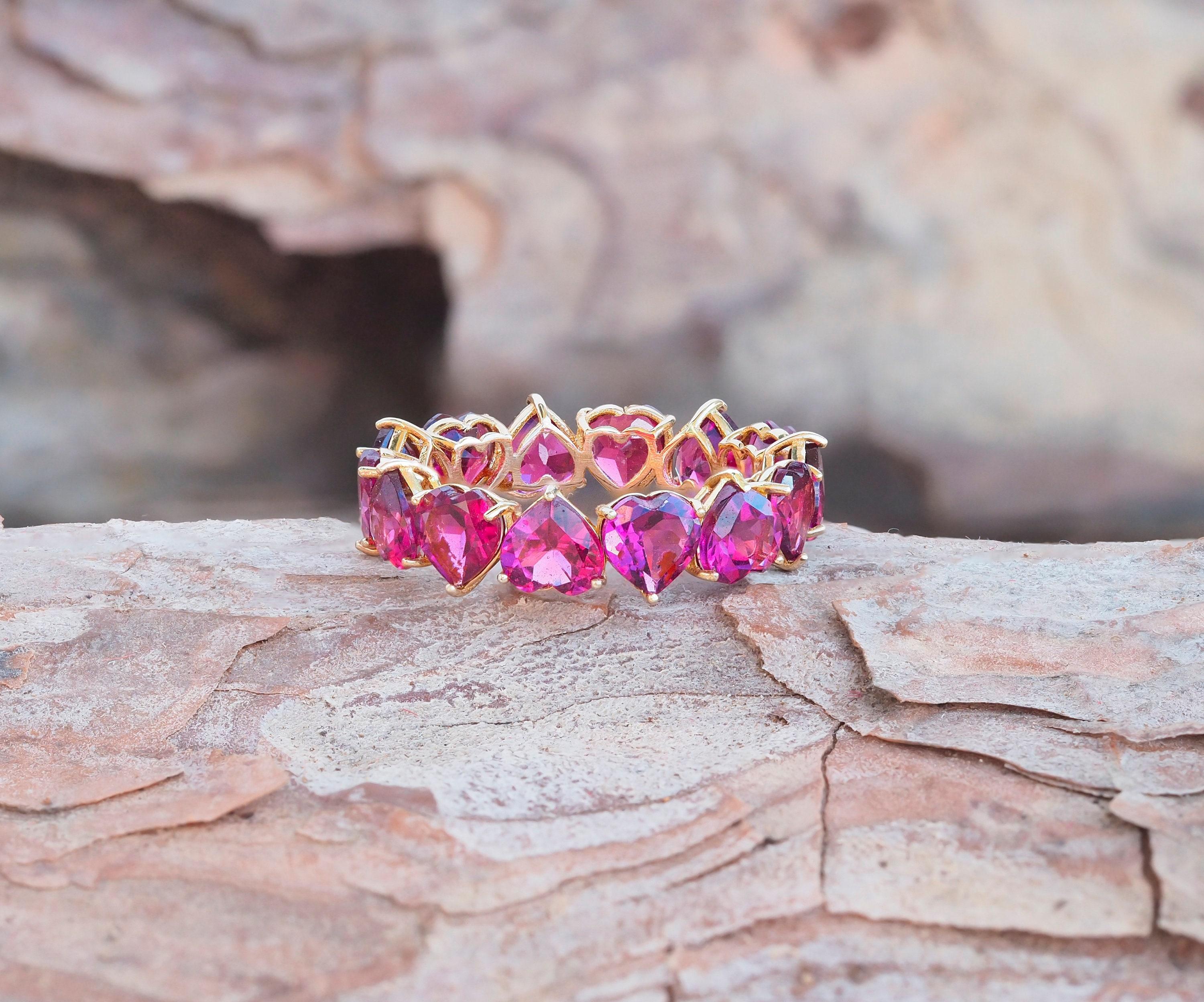 Heart garnet Eternity Ring in 14k gold 6