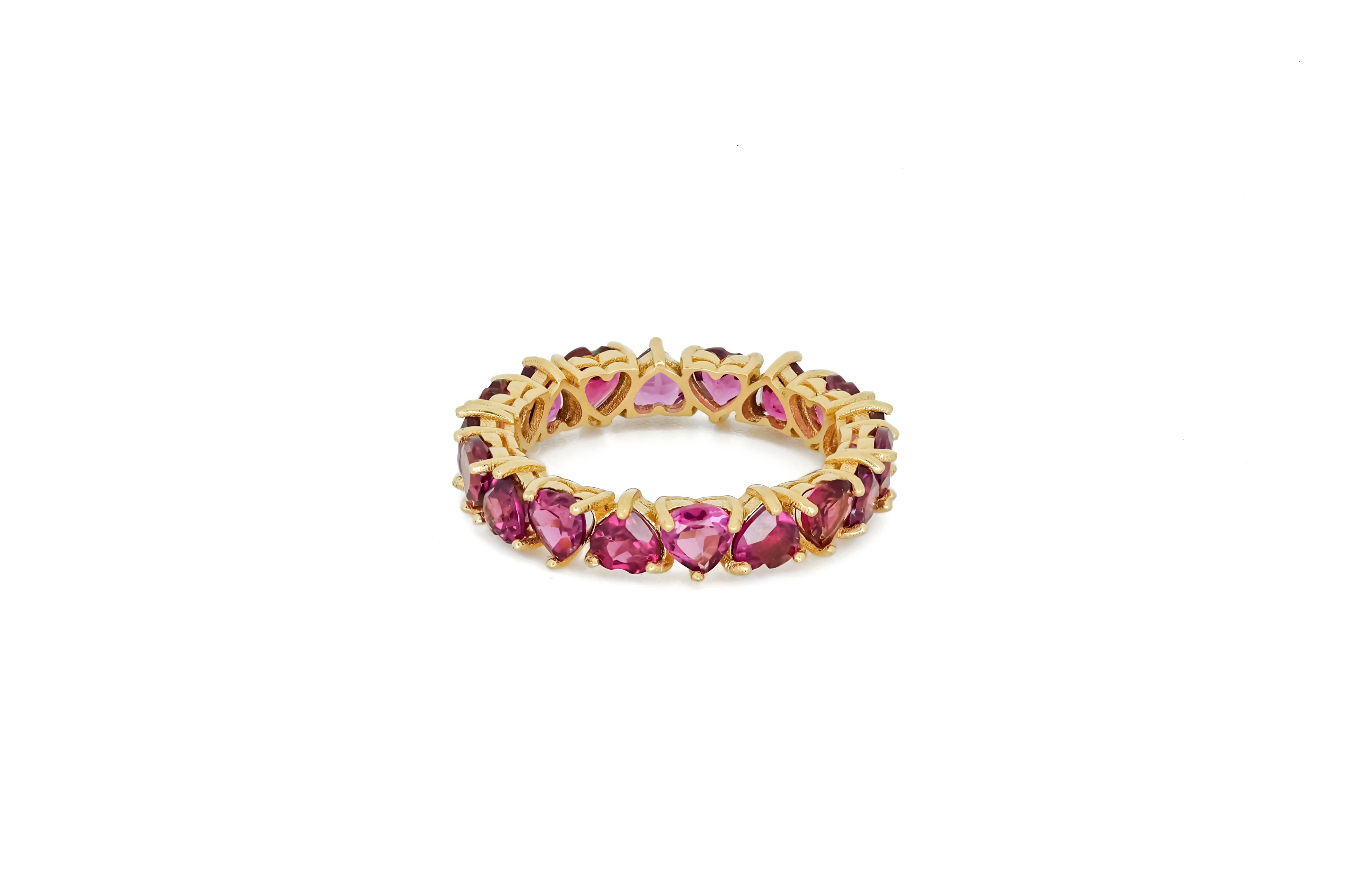 For Sale:  Heart garnet ring. 14k Gold Heart Eternity Ring with Heart Garnets! 17