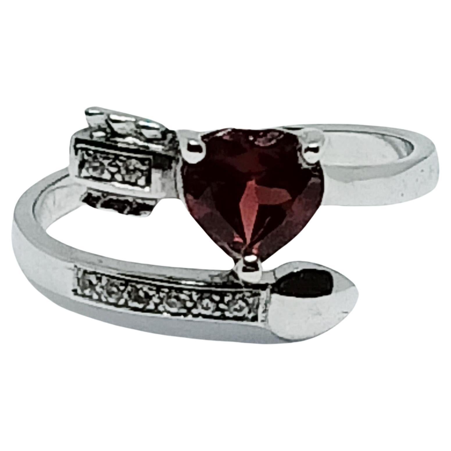 Heart garnet ring. White zircon , Silver in white gold plated For Sale