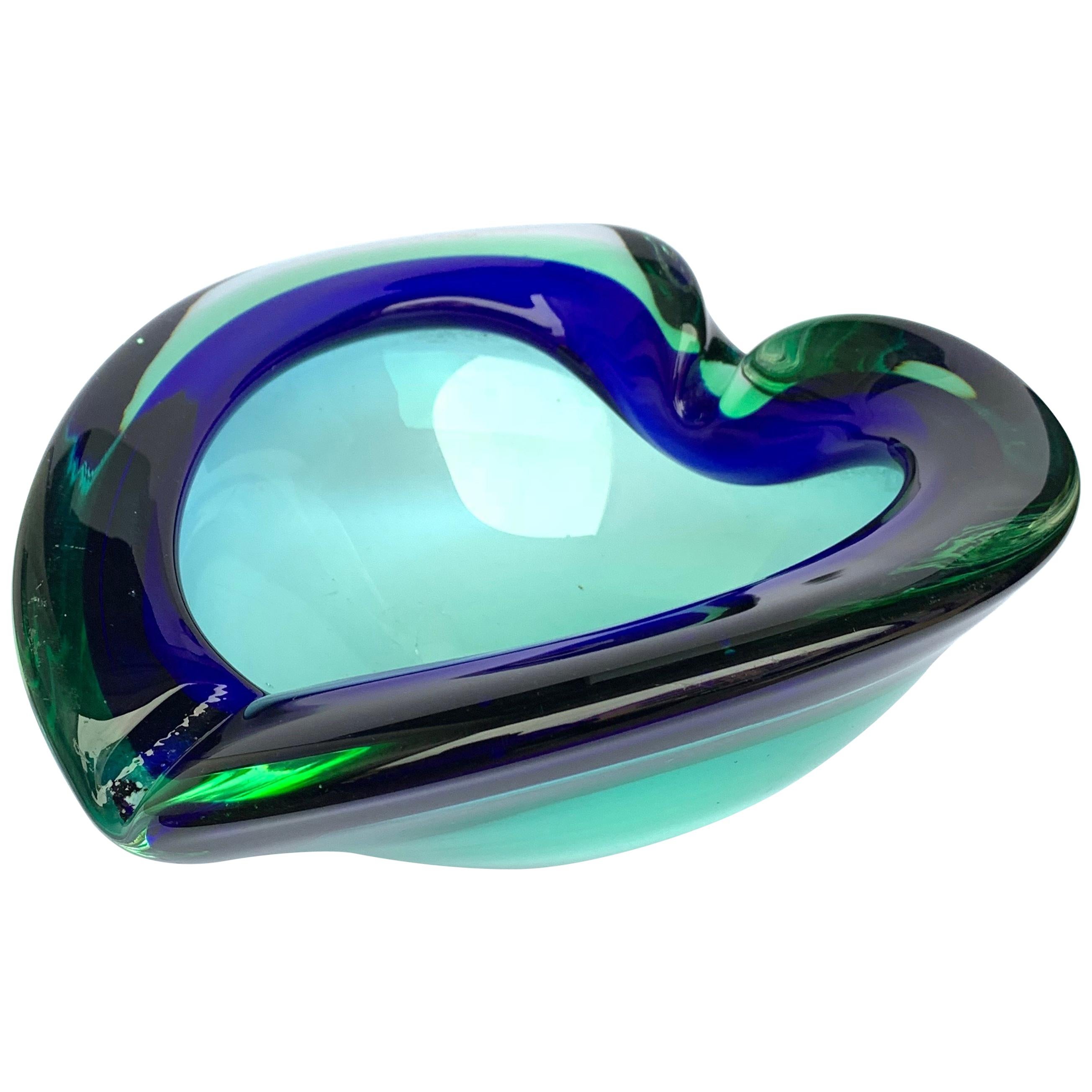 Heart Glass Bowl or Ashtray Green and Blue, Glass Sommerso Murano, Italy, 1960s
