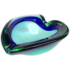 Heart Glass Bowl or Ashtray Green and Blue, Glass Sommerso Murano, Italy, 1960s