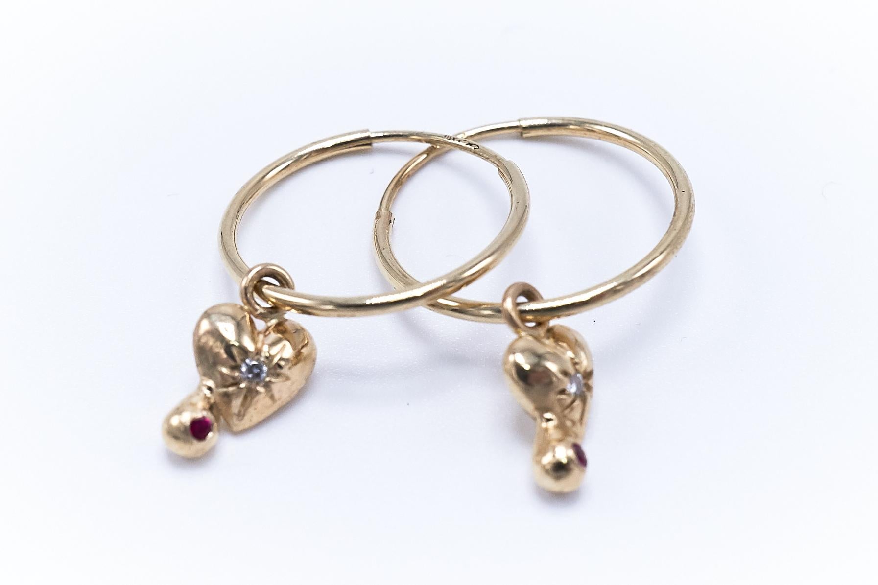 Contemporary Heart Gold Earring White Diamond Ruby Mini Hoops J Dauphin Symbol of Love For Sale