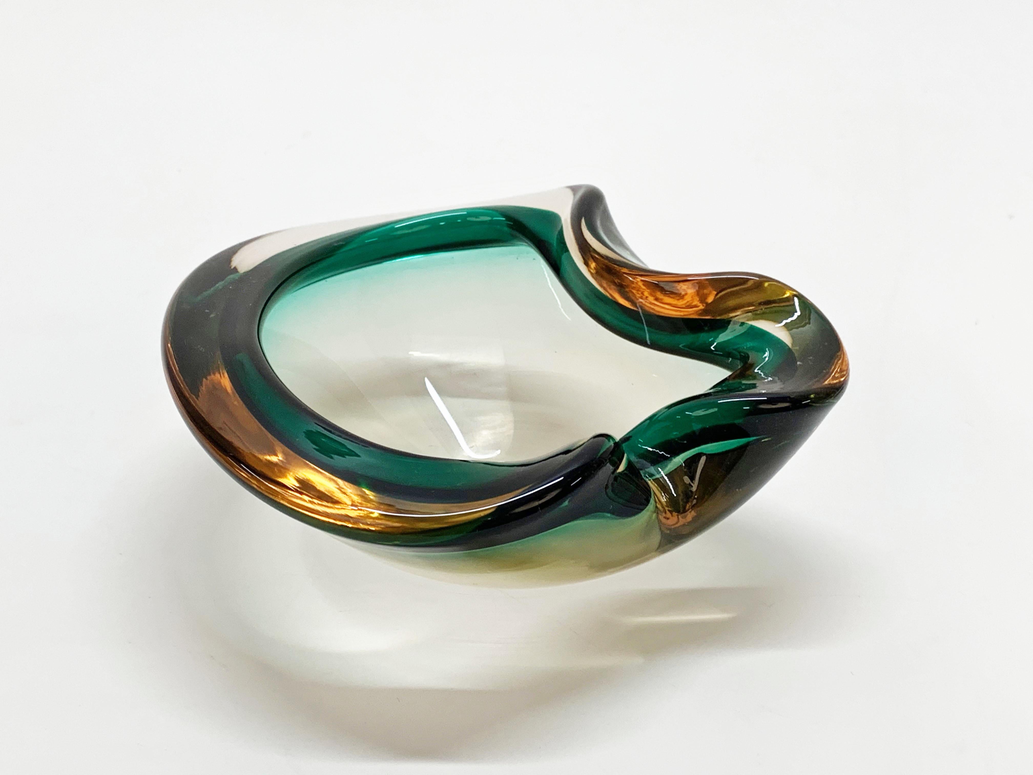 Heart Green and Amber, Glass Sommerso Murano Glass Bowl or Ashtray, Italy, 1960s 2