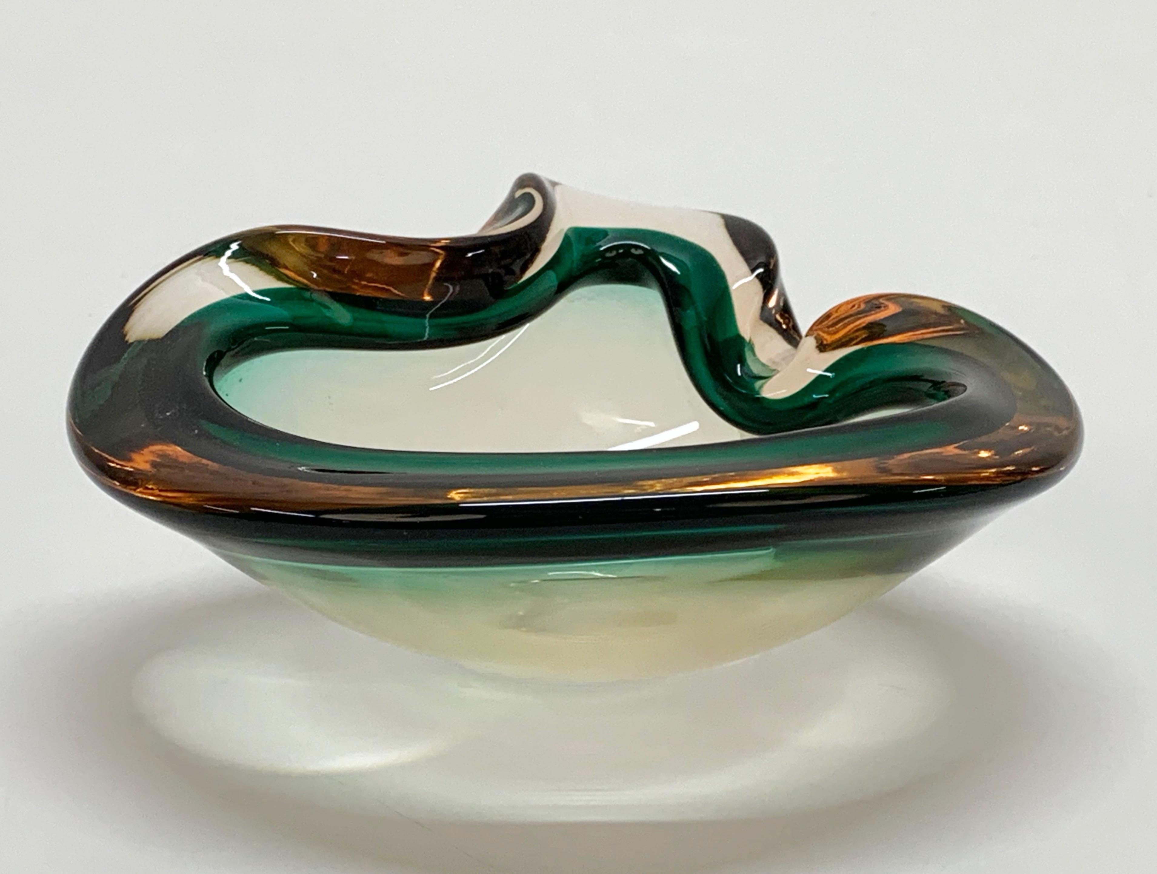 Heart Green and Amber, Glass Sommerso Murano Glass Bowl or Ashtray, Italy, 1960s 5