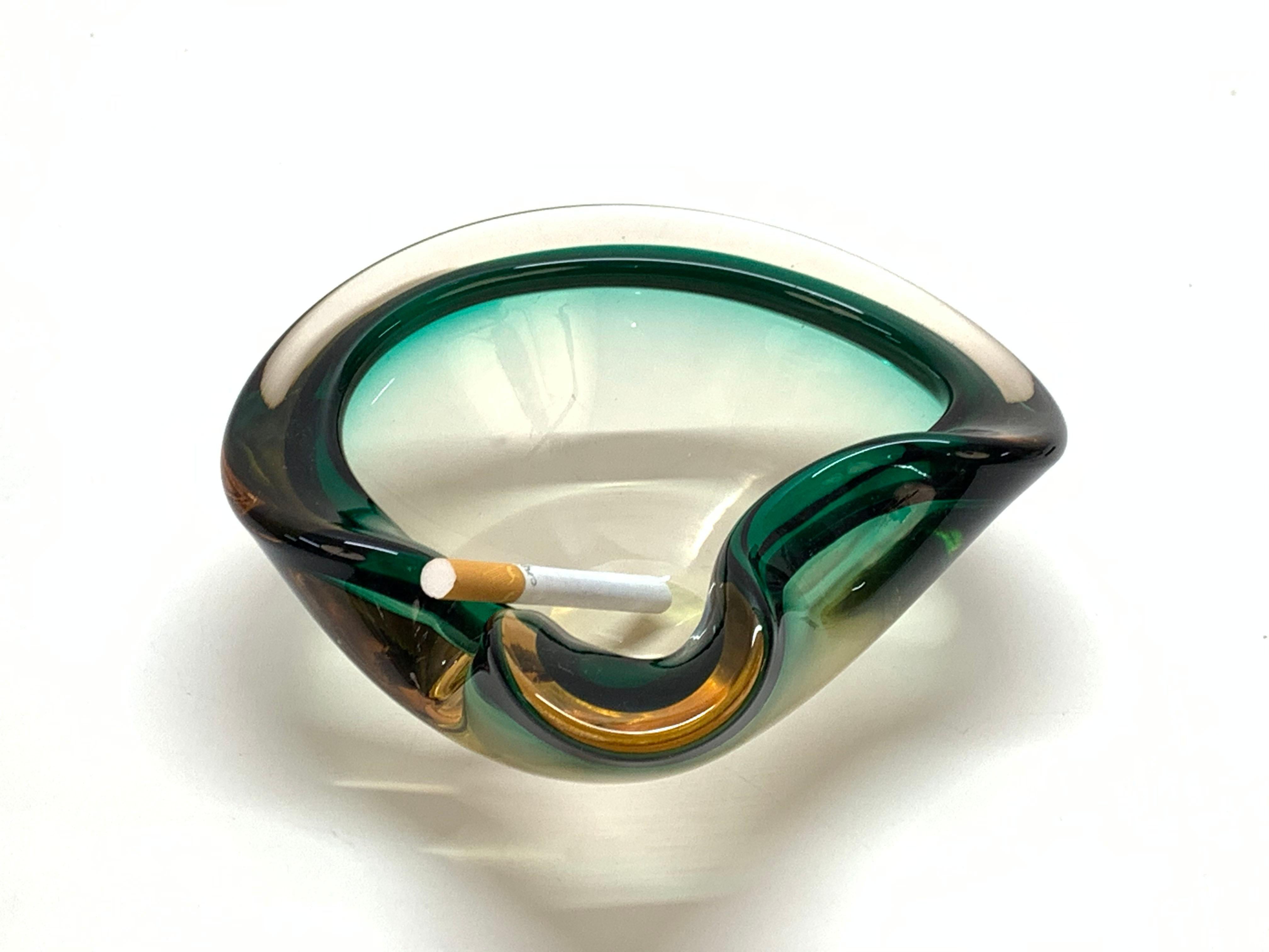 Mid-Century Modern Heart Green and Amber, Glass Sommerso Murano Glass Bowl or Ashtray, Italy, 1960s