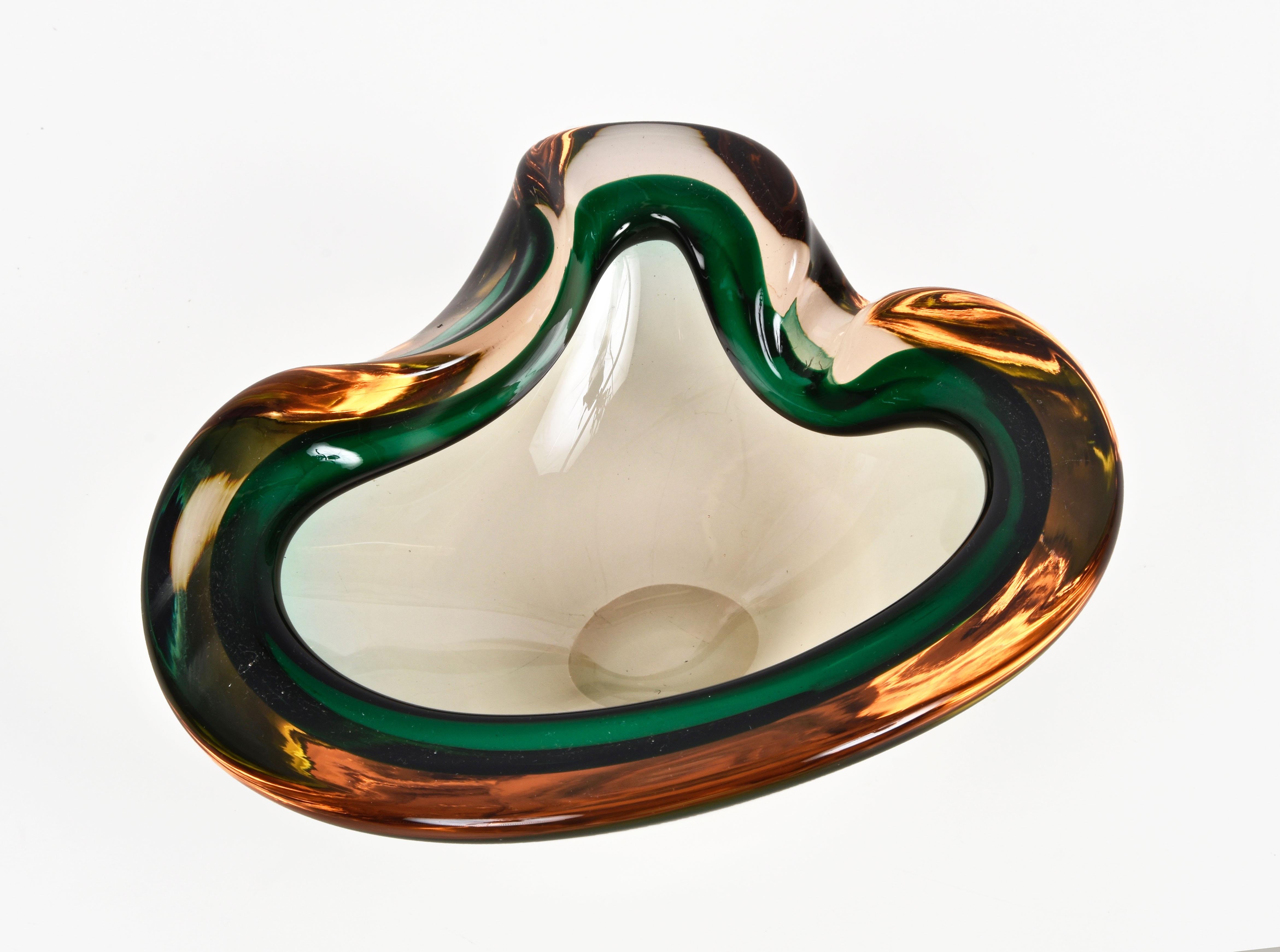 20th Century Heart Green and Amber, Glass Sommerso Murano Glass Bowl or Ashtray, Italy, 1960s