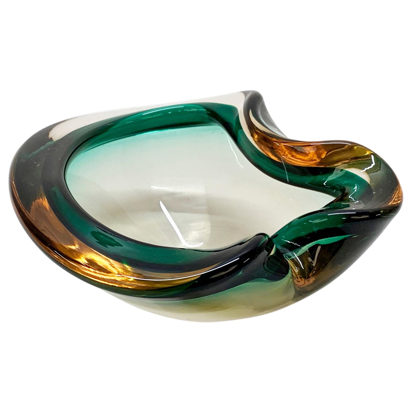 Heart Green and Amber, Glass Sommerso Murano Glass Bowl or Ashtray, Italy, 1960s