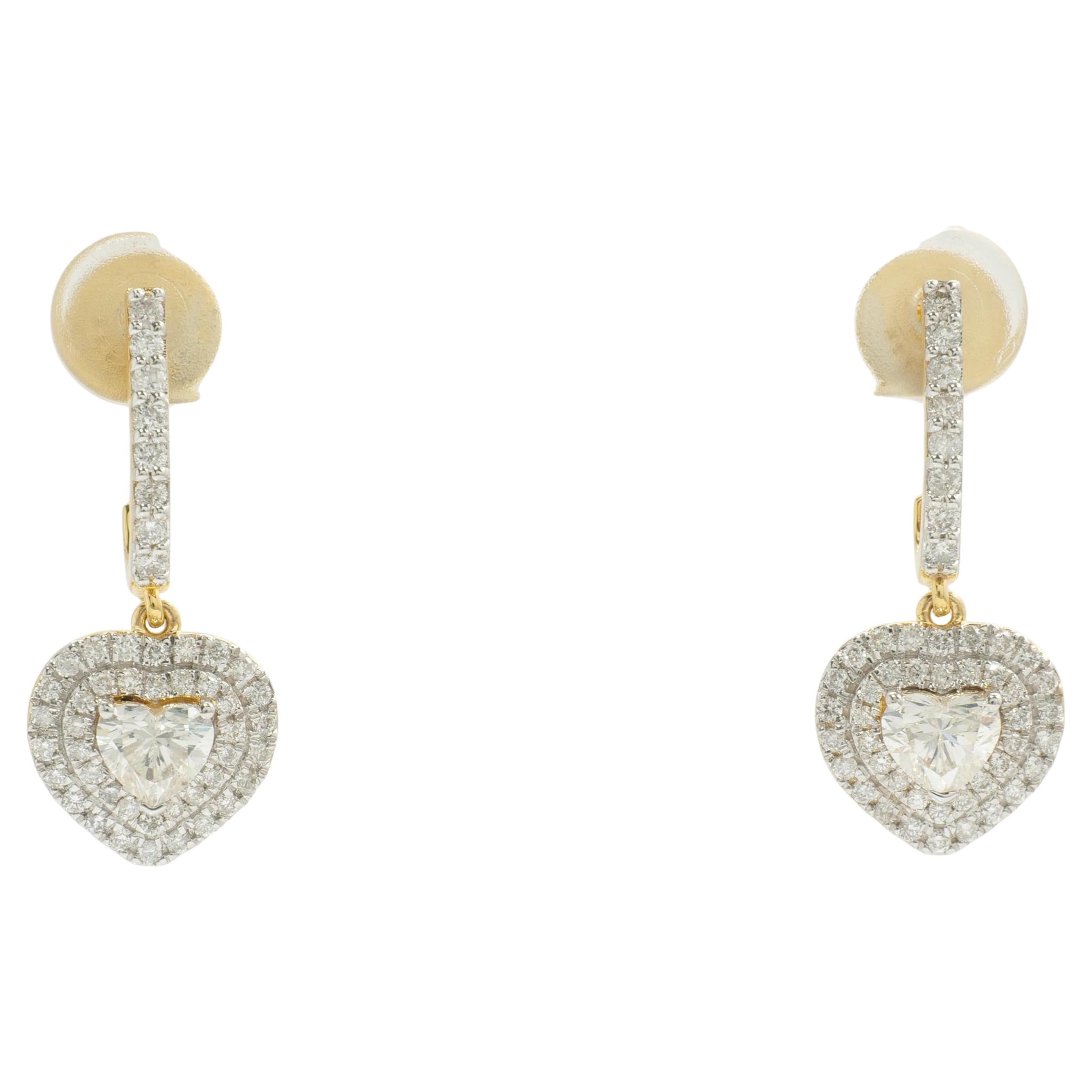 Heart Halo Natural Diamond Drop Huggie Earrings in 14K Solid Gold (Certified) For Sale