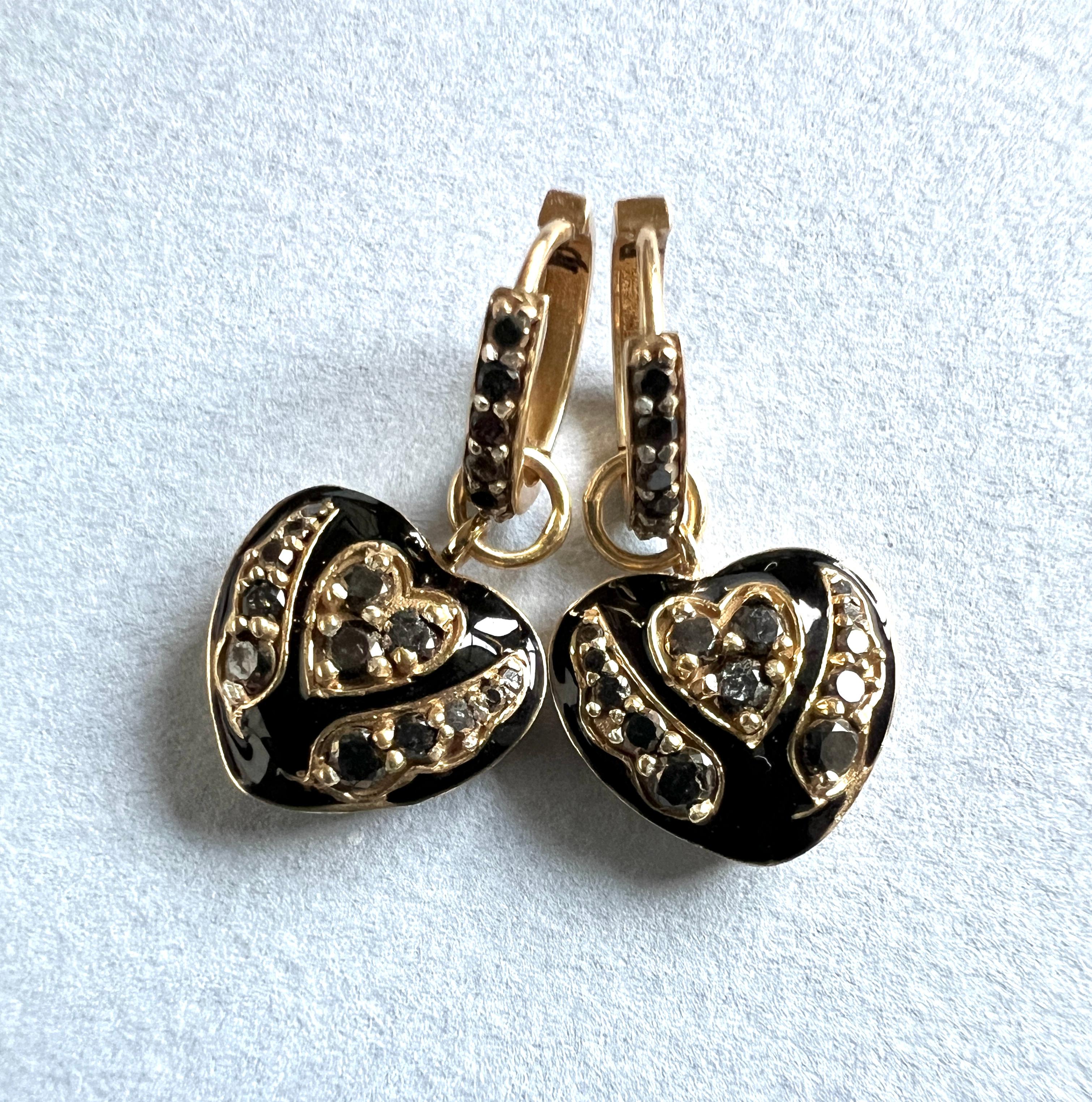 Contemporary Victorian Style Black Diamond Enamel Heart Hoop Earrings For Sale