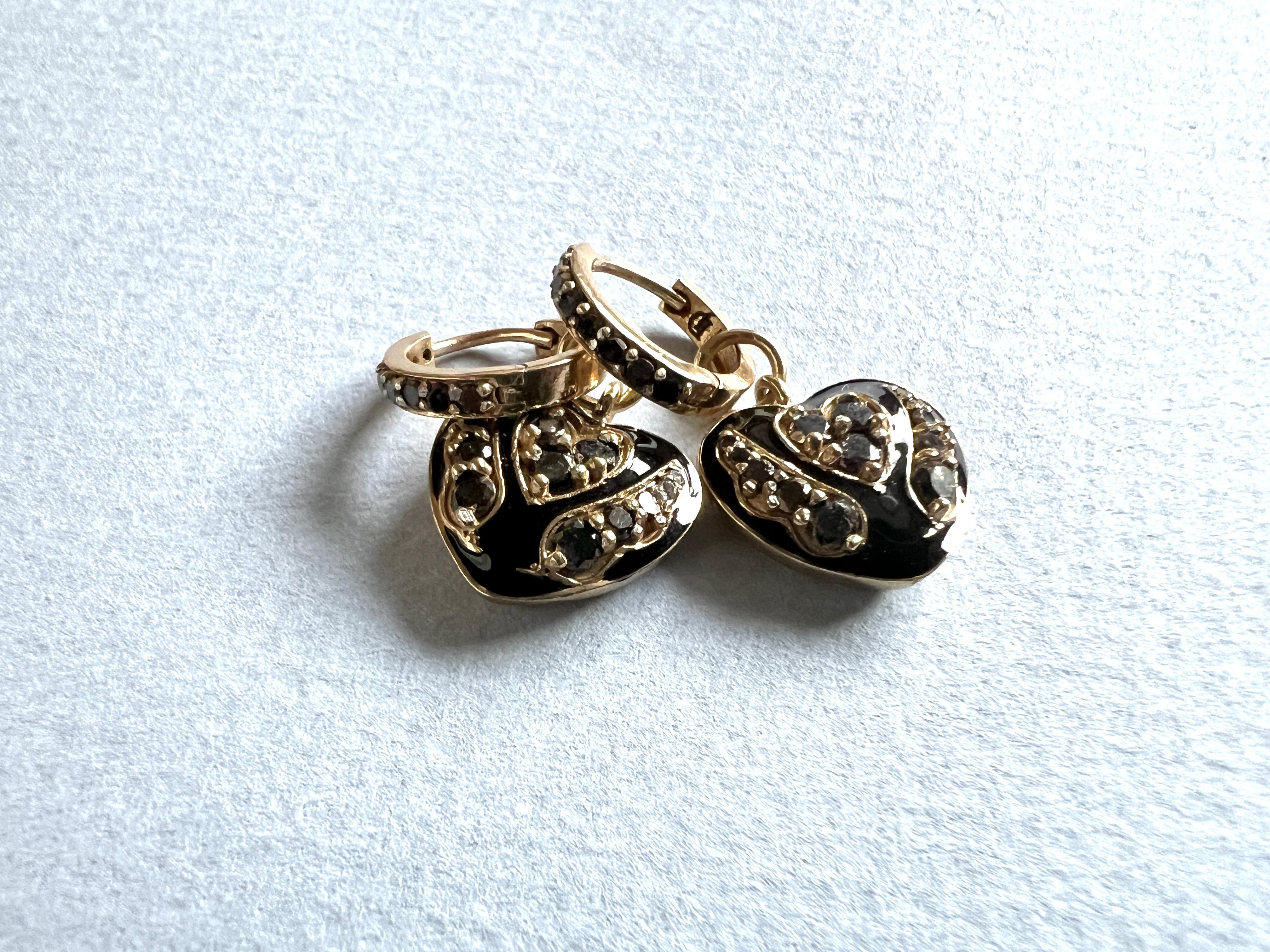 Single Cut Victorian Style Black Diamond Enamel Heart Hoop Earrings For Sale