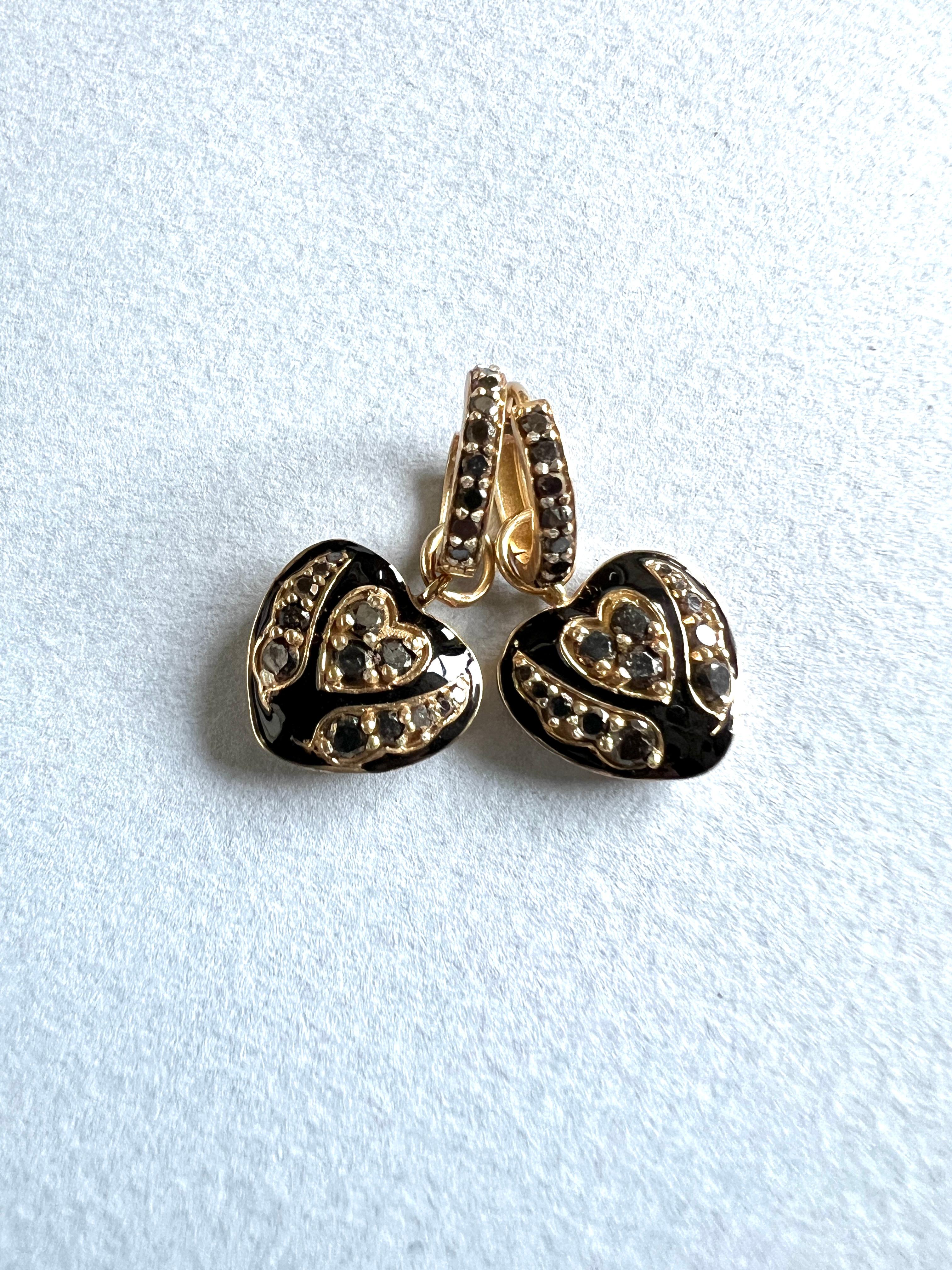 Victorian Style Black Diamond Enamel Heart Hoop Earrings In New Condition For Sale In Los Angeles, CA