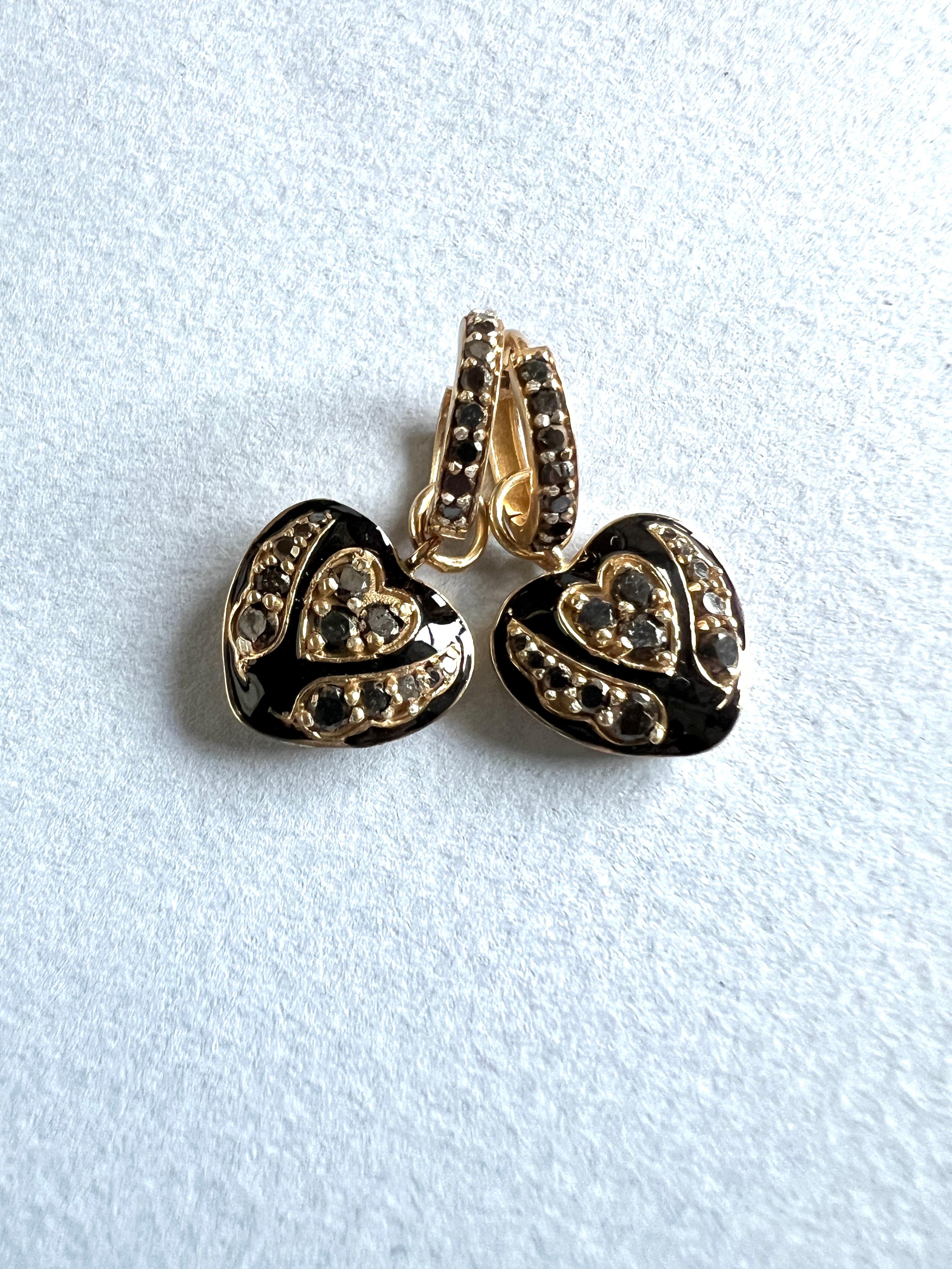 Women's Victorian Style Black Diamond Enamel Heart Hoop Earrings For Sale