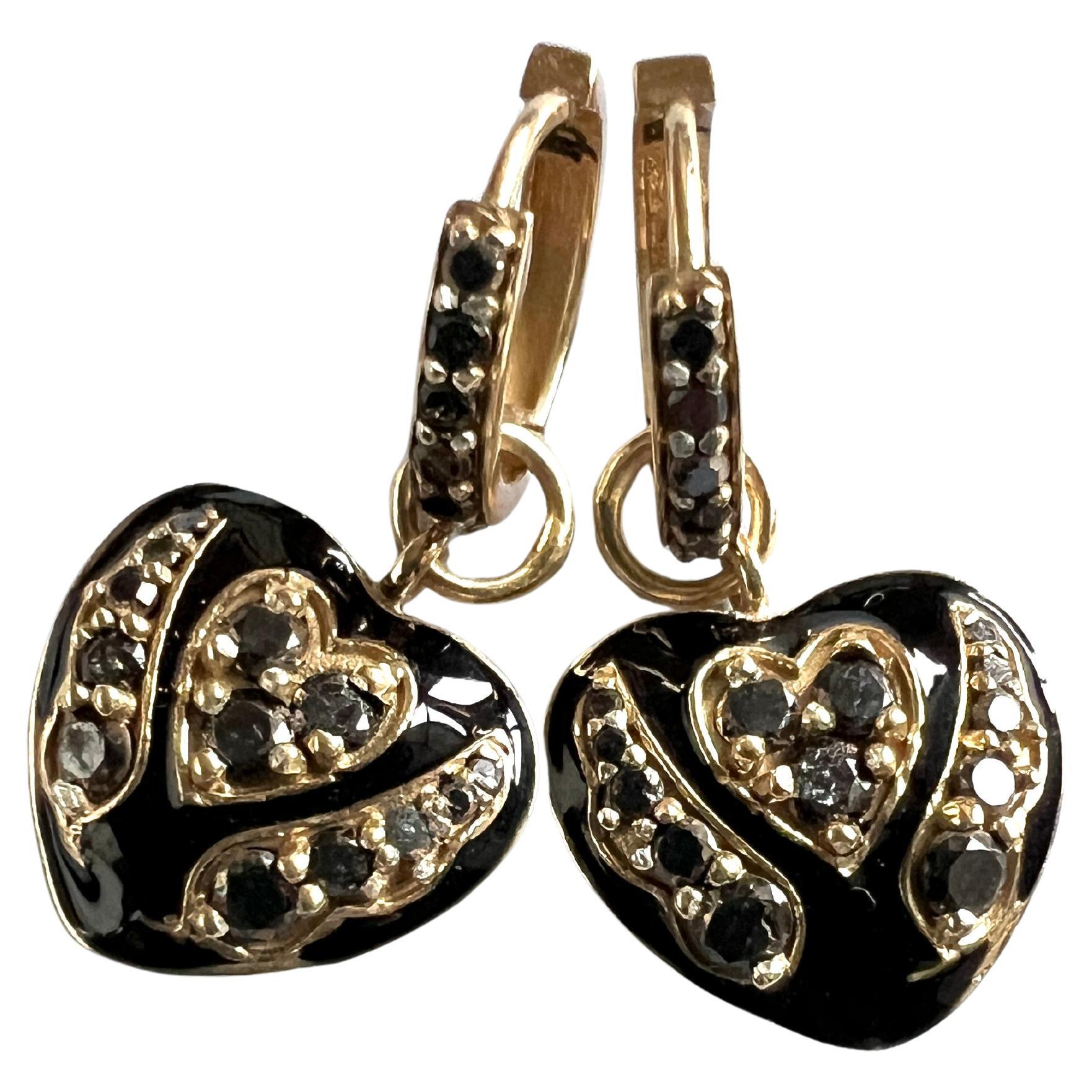 Victorian Style Black Diamond Enamel Heart Hoop Earrings