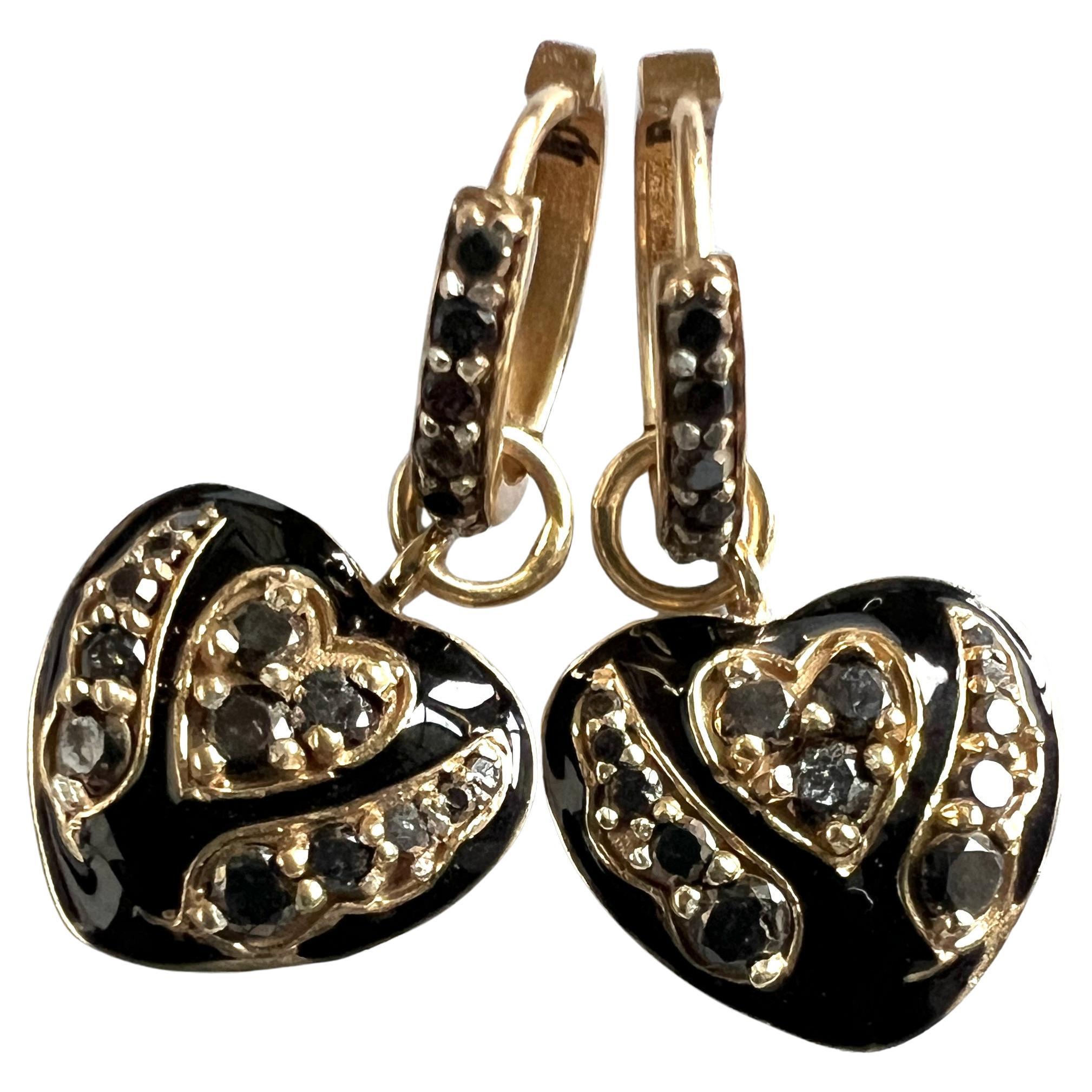 Women's Heart Hoop Earring White Diamond Black Enamel Victorian Style For Sale