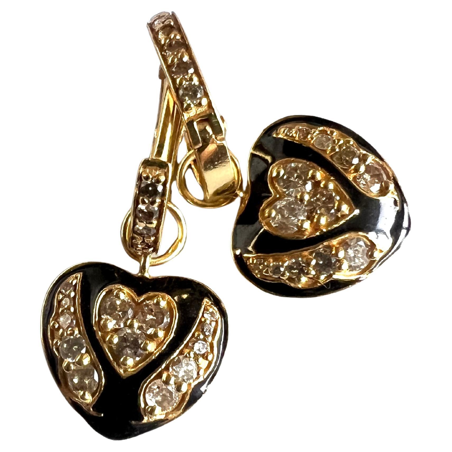 Contemporary White Diamond  Heart Hoop Earrings Black Enamel For Sale