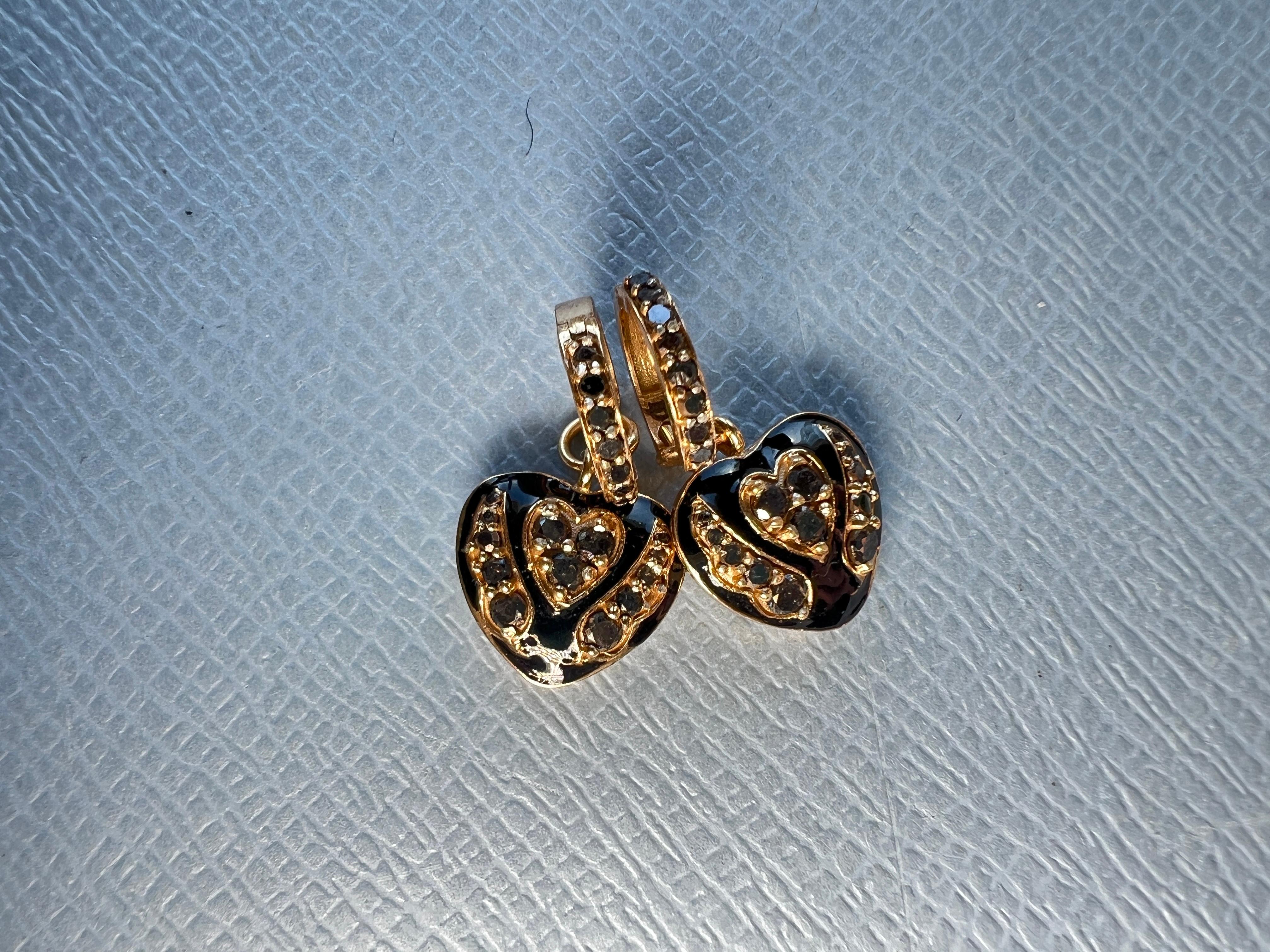 Single Cut Heart Hoop Earrings Black Diamond Enamel For Sale