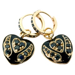 Heart Hoop Earrings Black Enamel Black Diamond