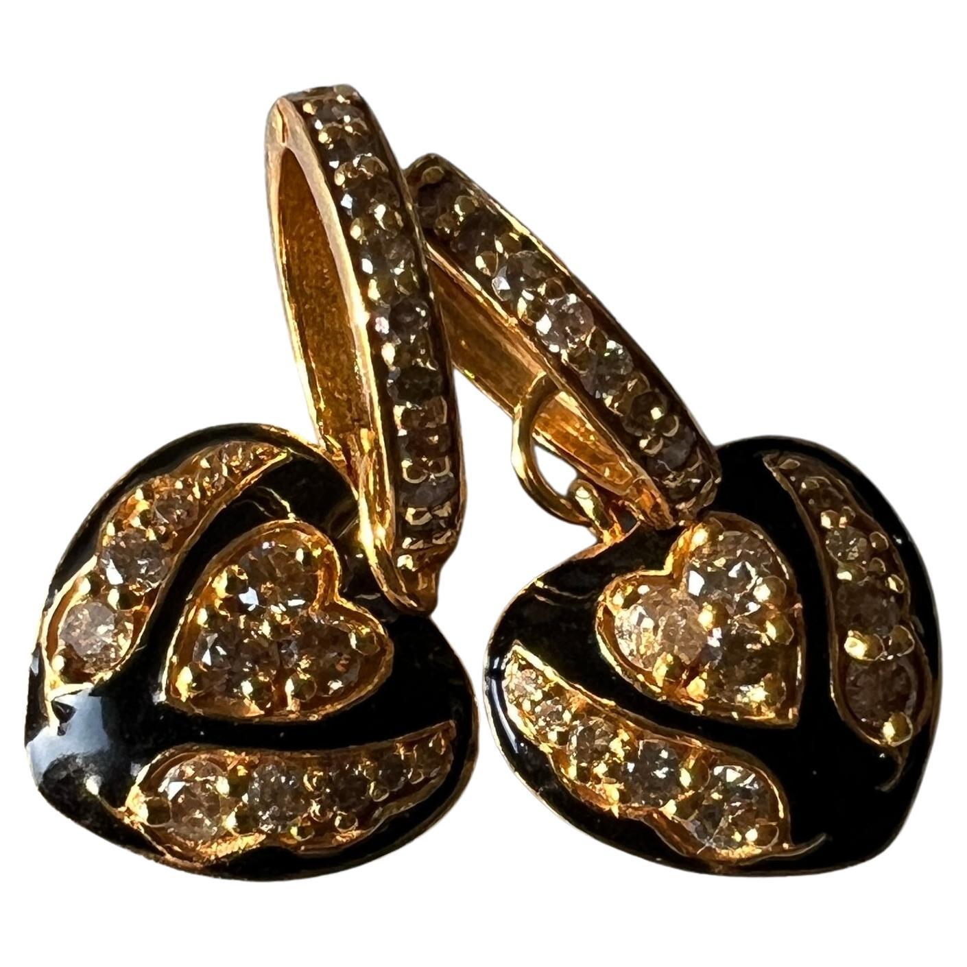 Créoles en forme de cœur Émail noir Diamant noir Pour femmes en vente