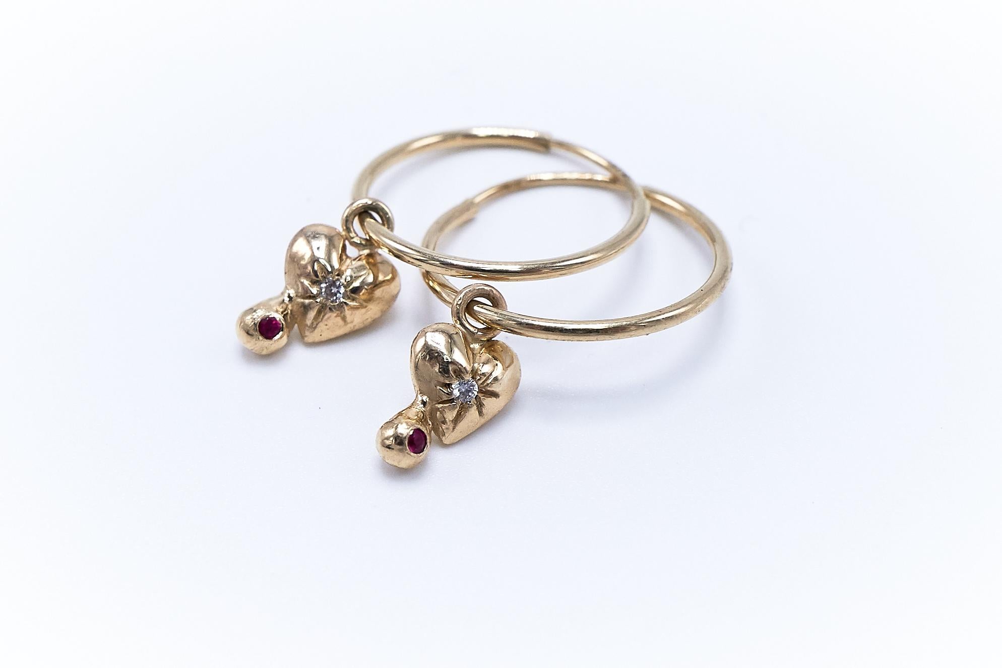 Brilliant Cut Heart Hoop Earrings White Diamond Ruby For Sale
