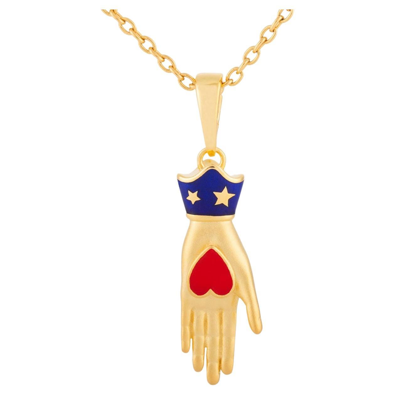 Naimah Heart in Hand Milagros Pendant Necklace, Gold, Red Enamel For Sale