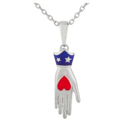 Heart in Hand Pendant, Hand-Shaped Milagros, White Rhodium, Red and Navy Enamel