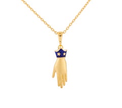 Heart in Hand Pendant Necklace, Hand-Shaped Milagros, Gold, Red and Navy Enamel