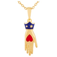 Heart in Hand Pendant Necklace, Hand-Shaped Milagros, Gold, Red and Navy Enamel