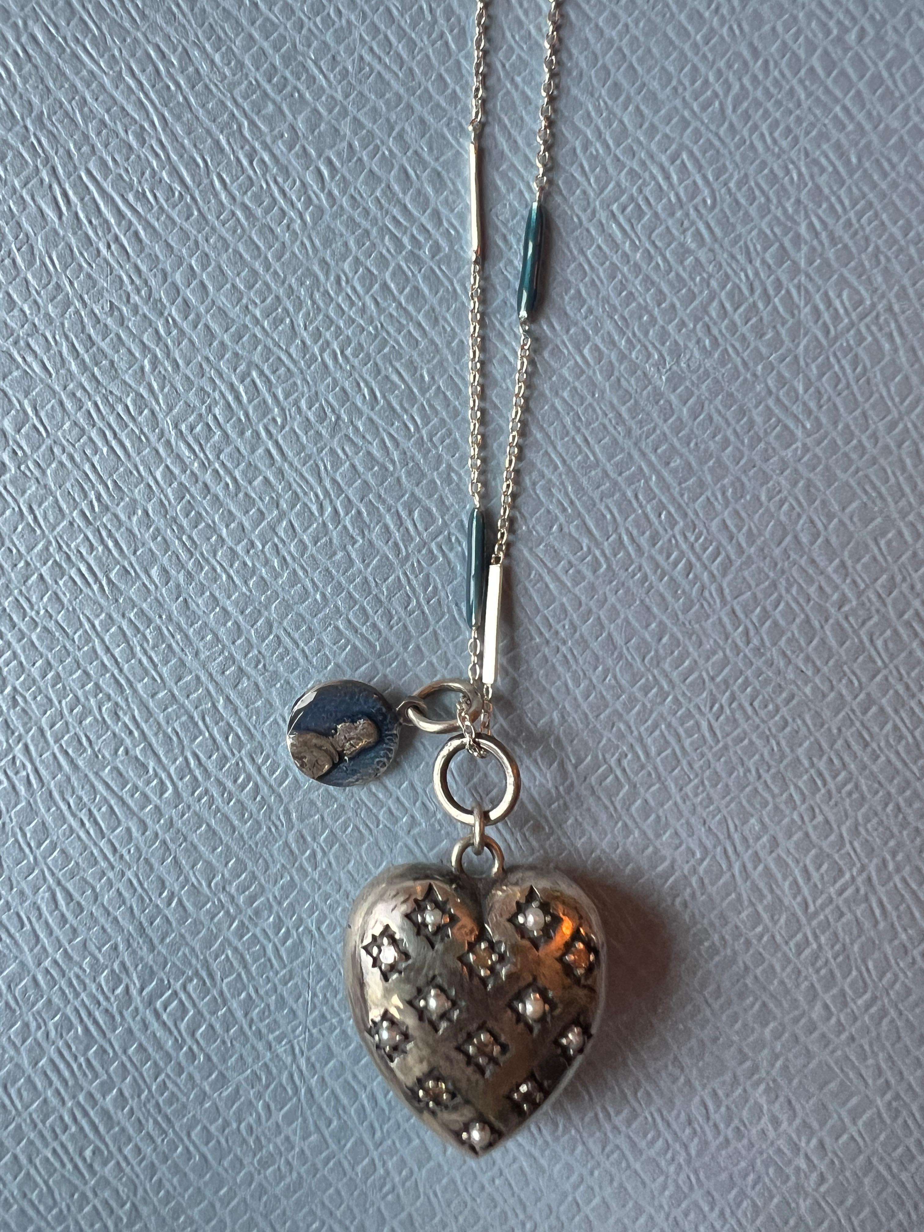 Victorian White Diamond Silver Heart Necklace For Sale